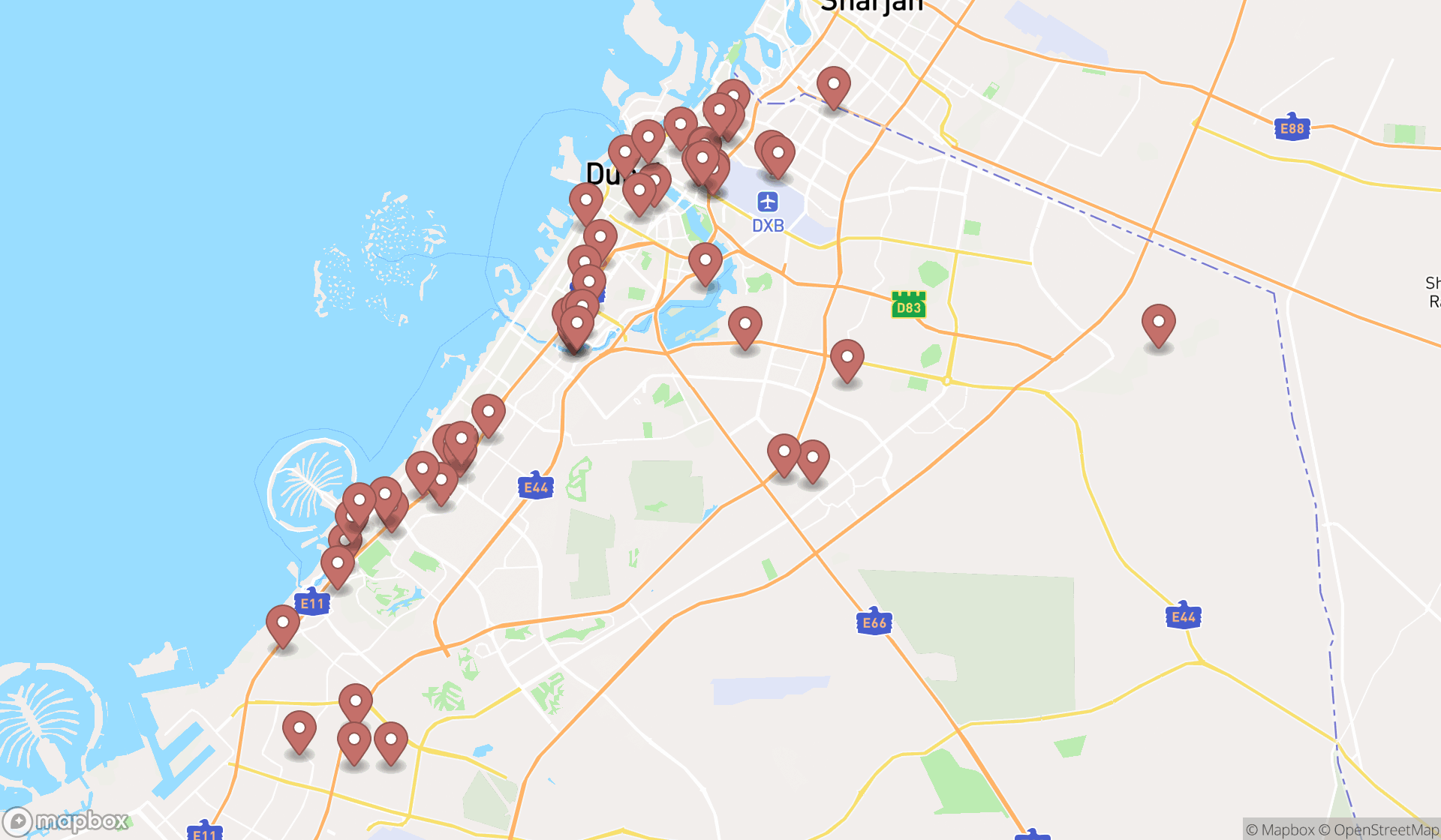 Map showing the search results in Dubai