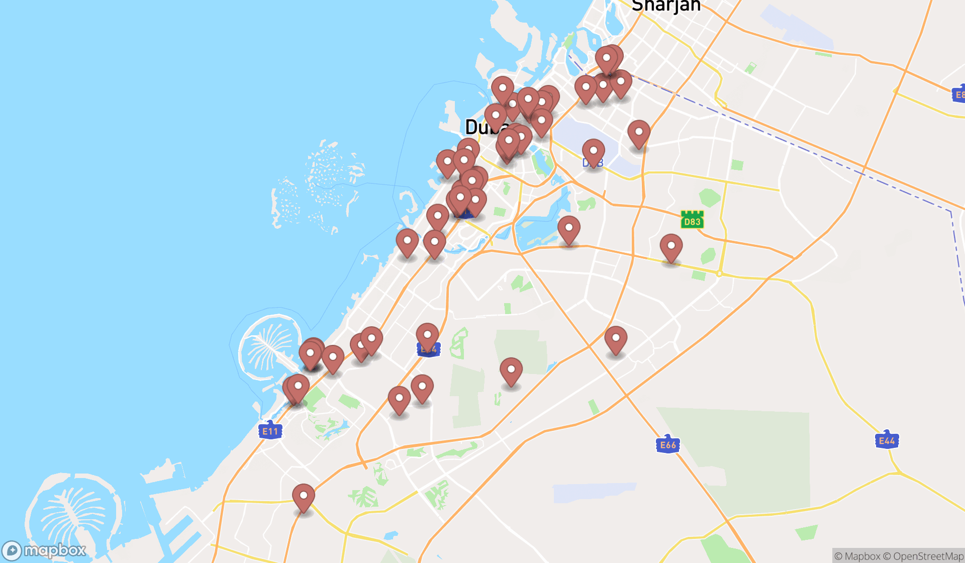 Map showing the search results in Dubai