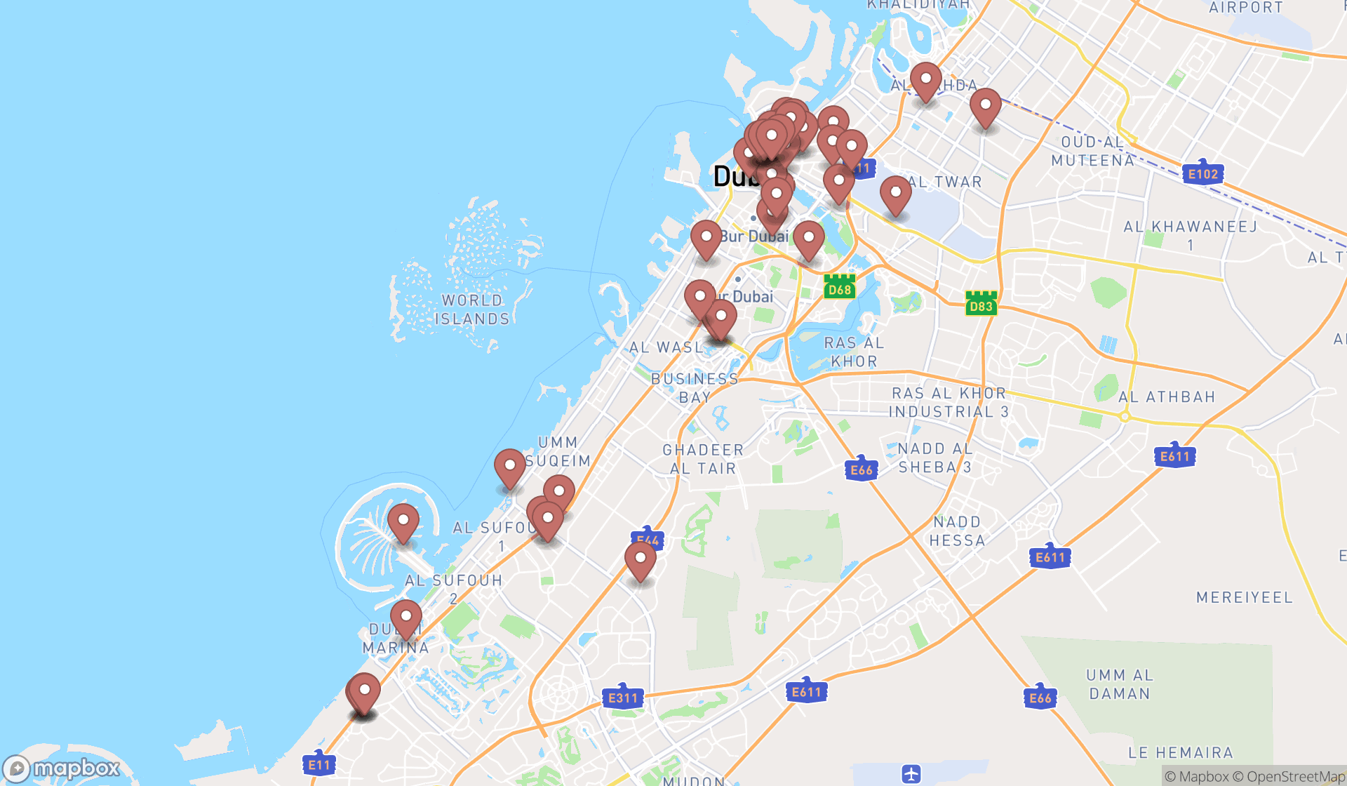 Map showing the search results in Dubai