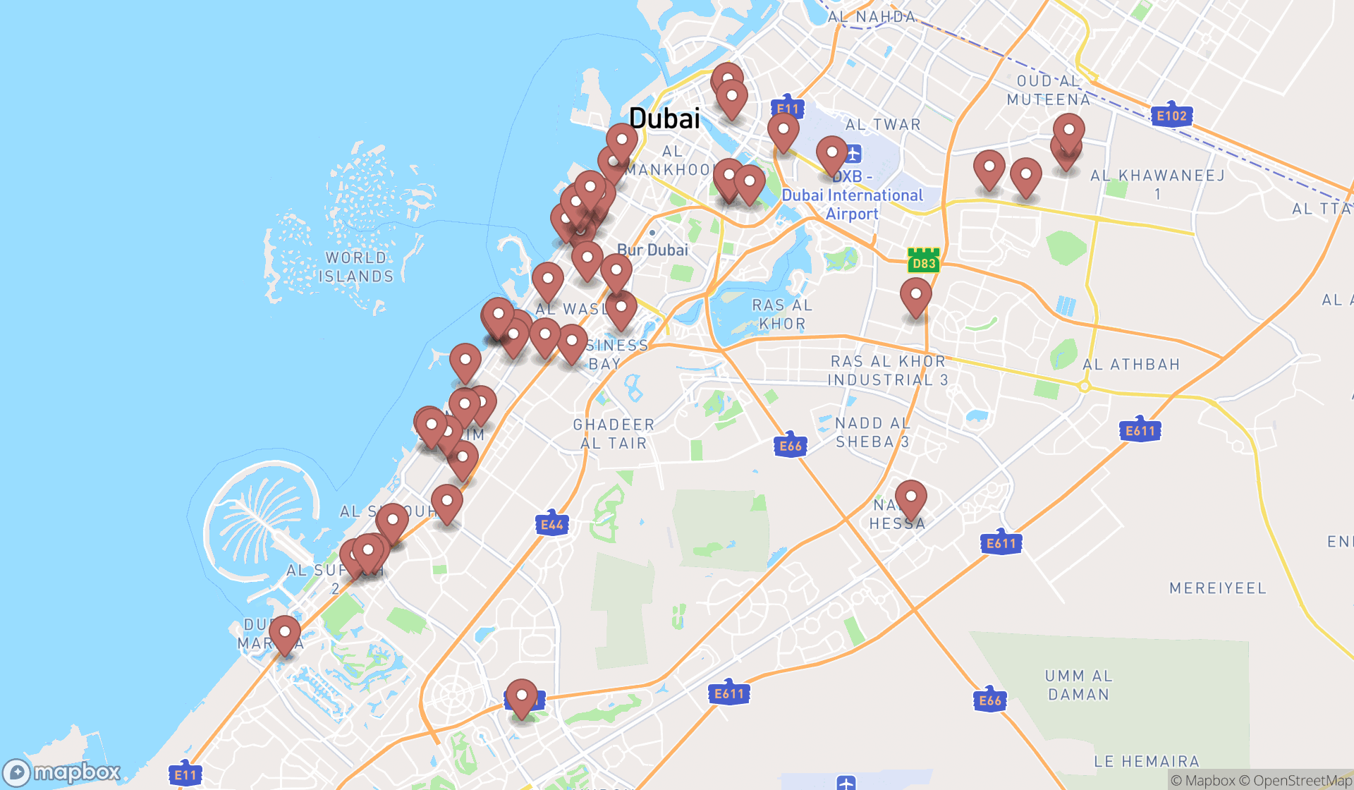 Map showing the search results in Dubai