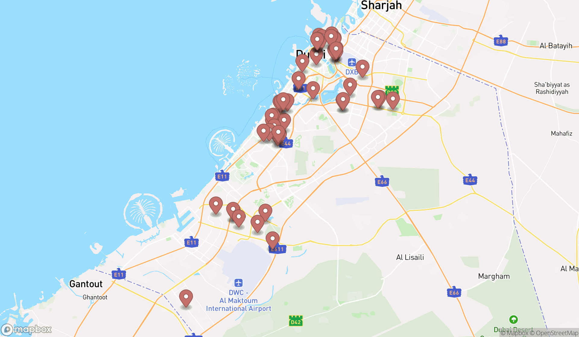 Map showing the search results in Dubai