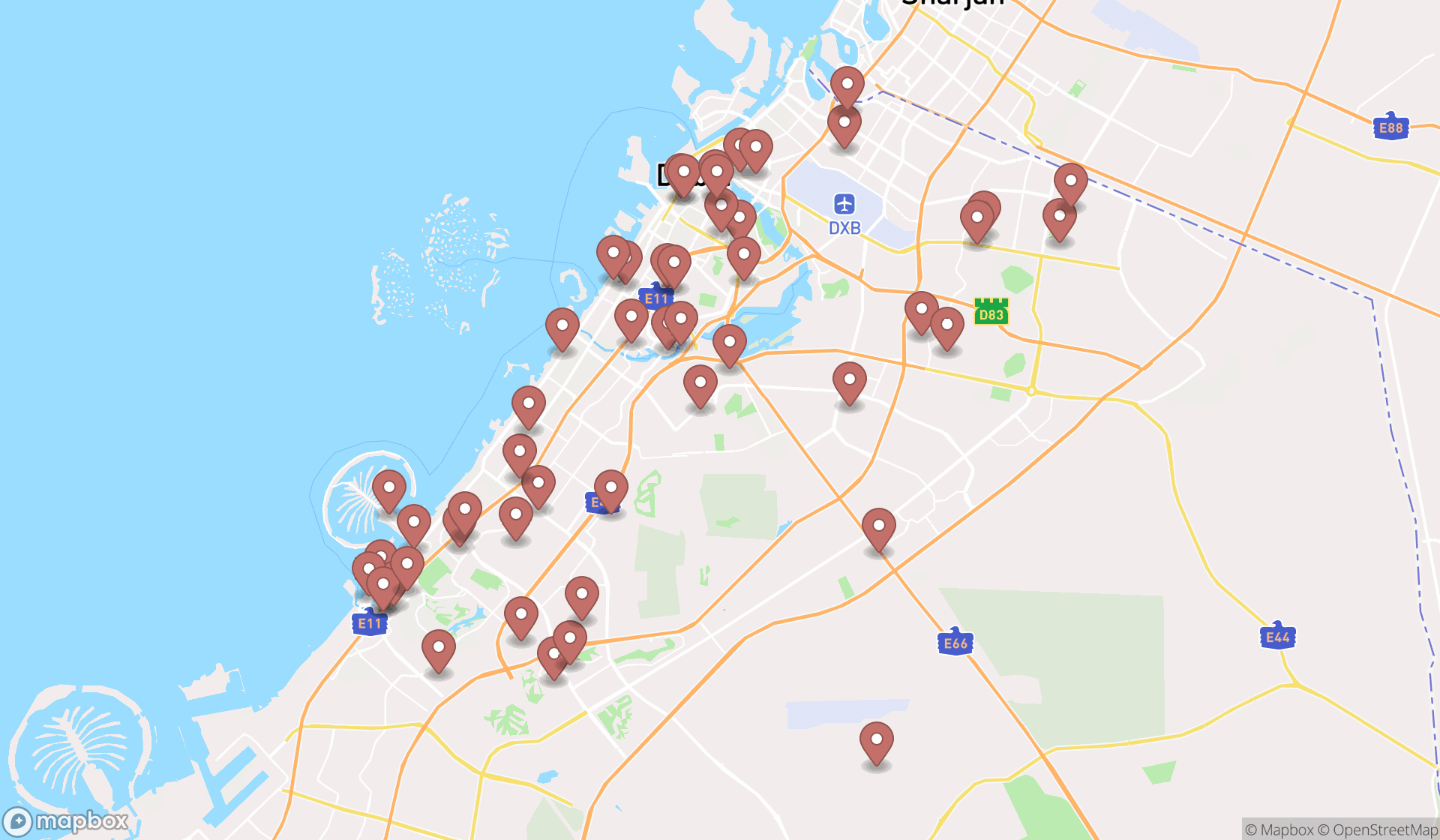 Map showing the search results in Dubai