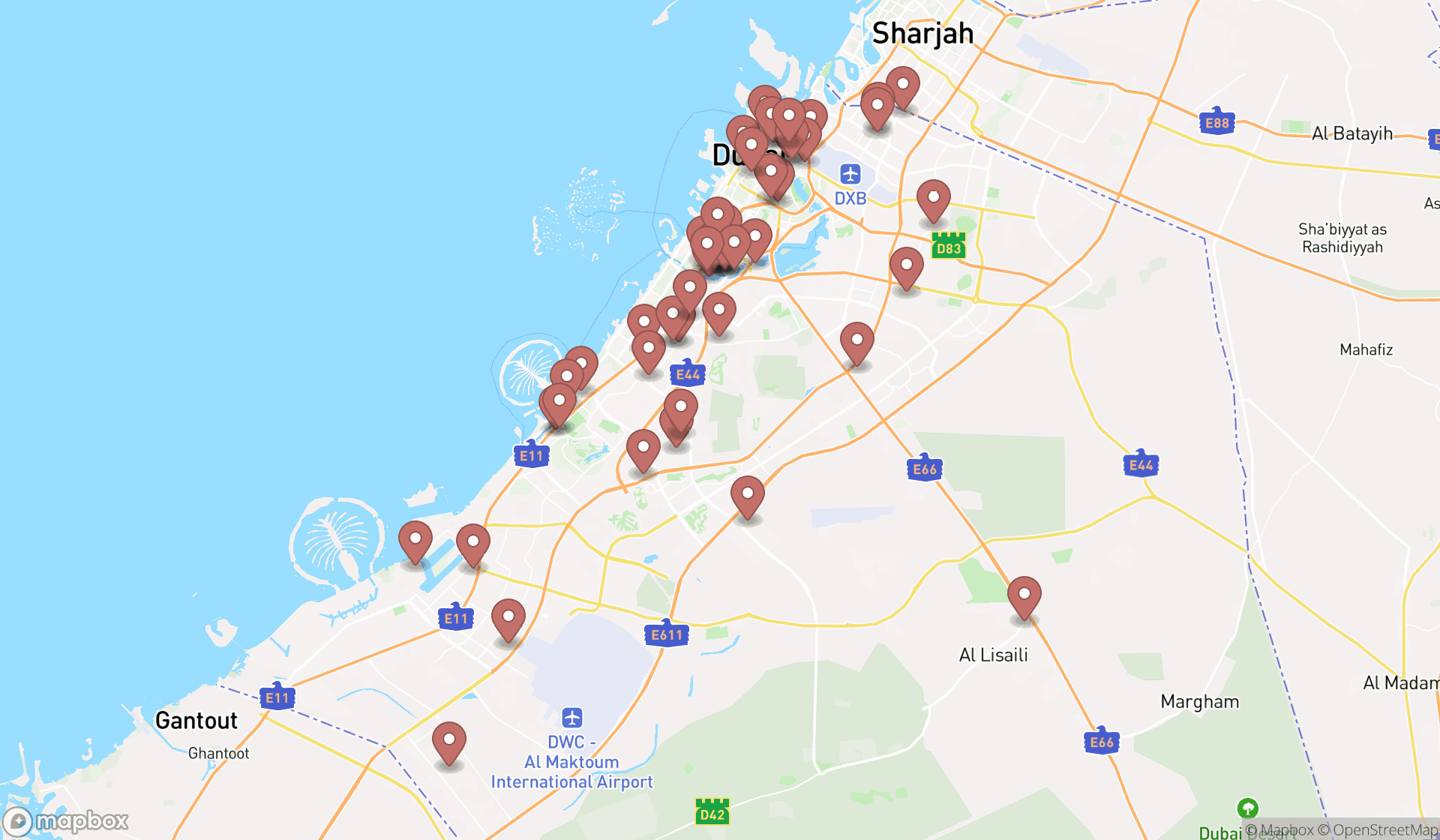 Map showing the search results in Dubai
