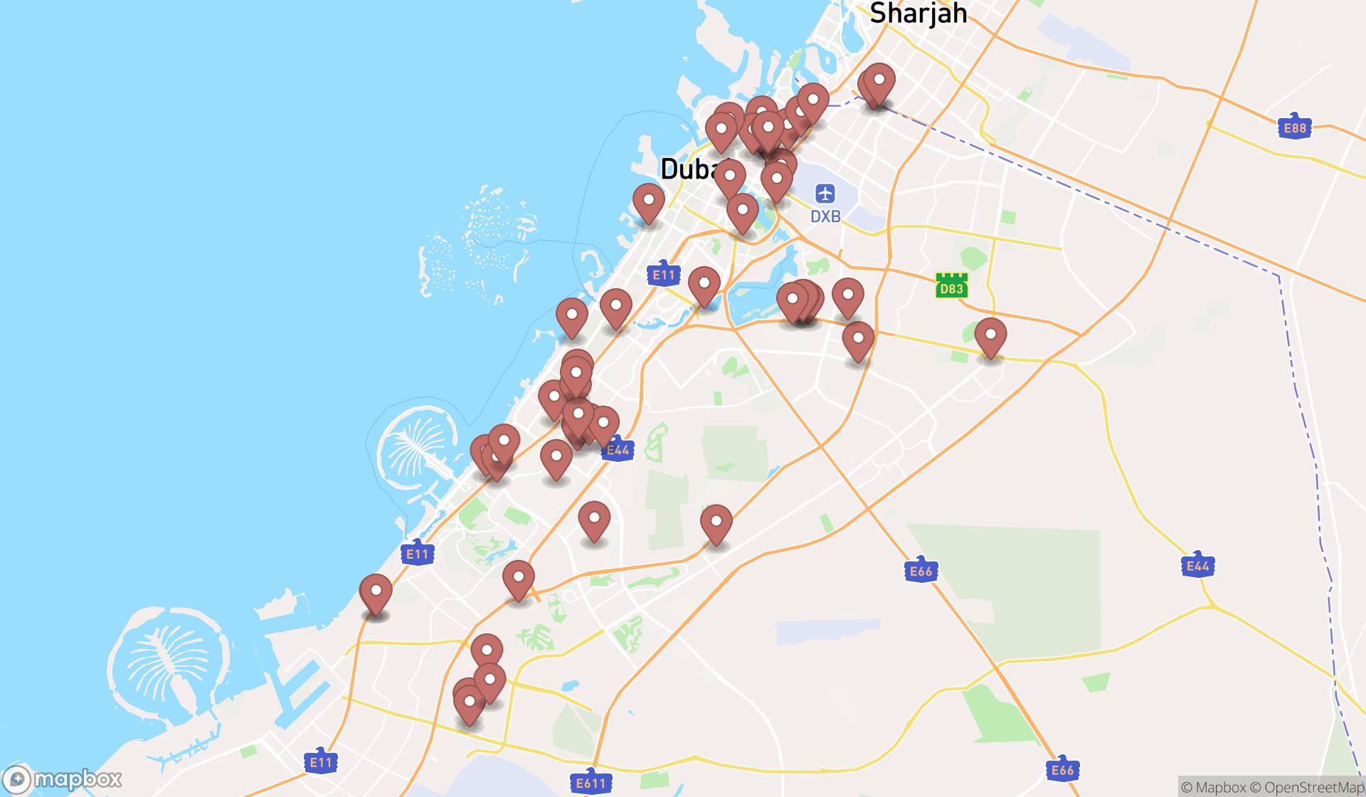 Map showing the search results in Dubai