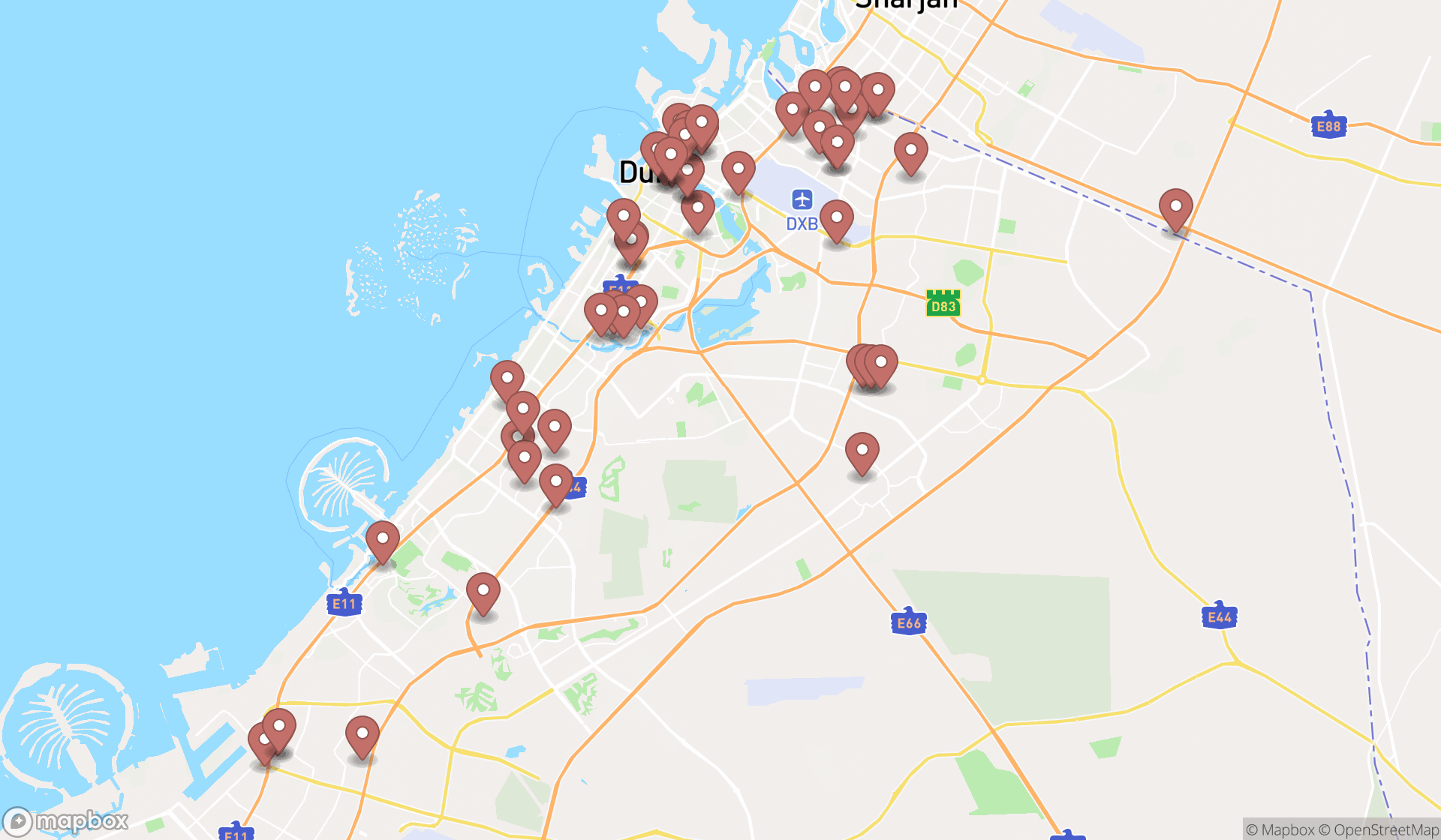 Map showing the search results in Dubai