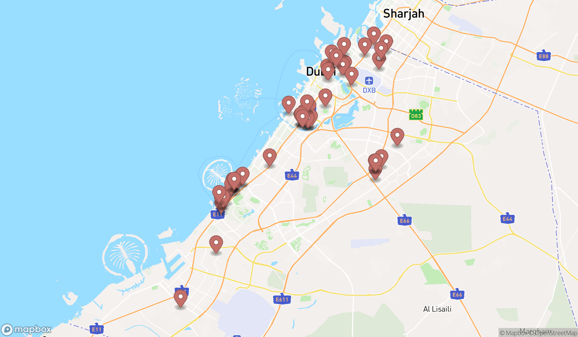 Map showing the search results in Dubai