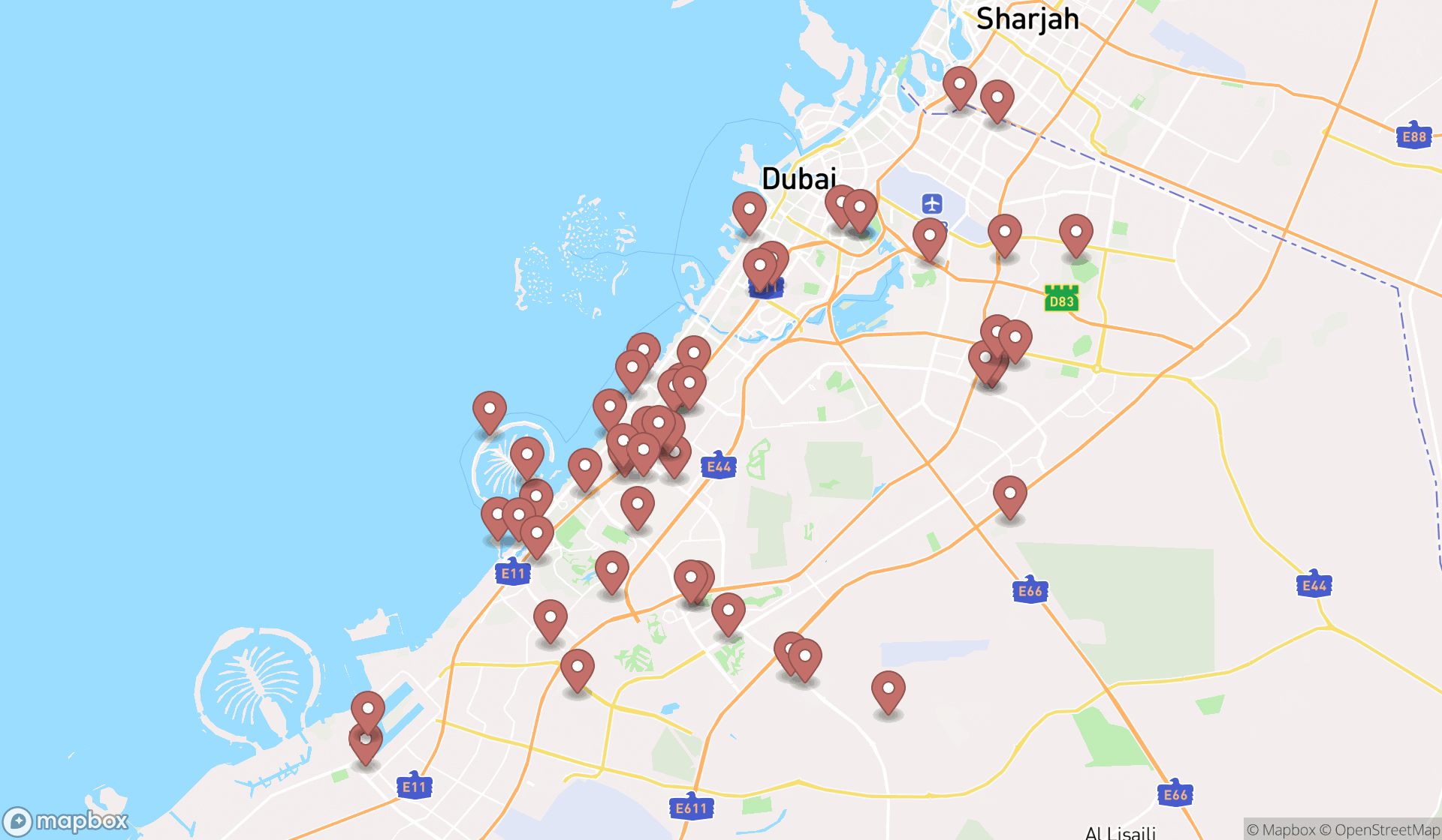Map showing the search results in Dubai