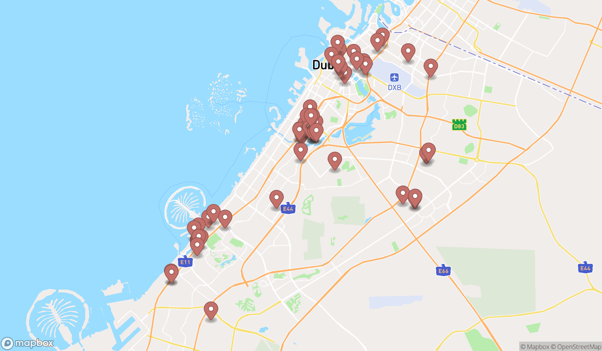 Map showing the search results in Dubai