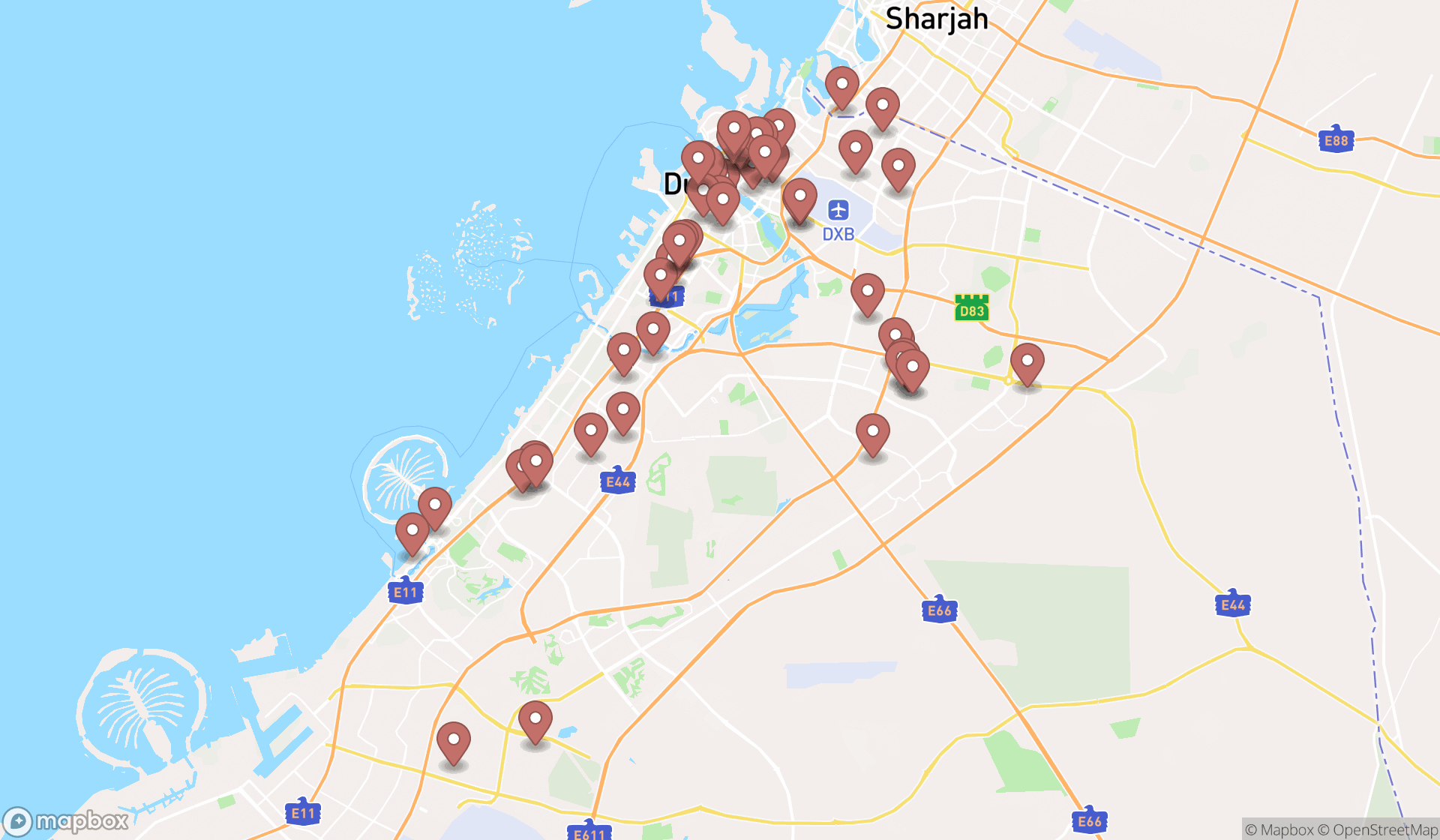 Map showing the search results in Dubai