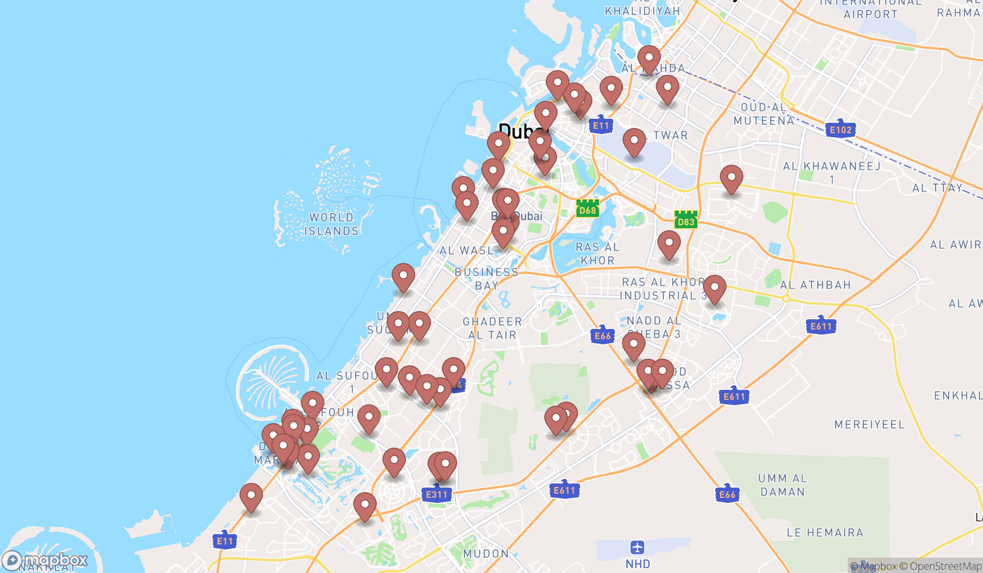 Map showing the search results in Dubai
