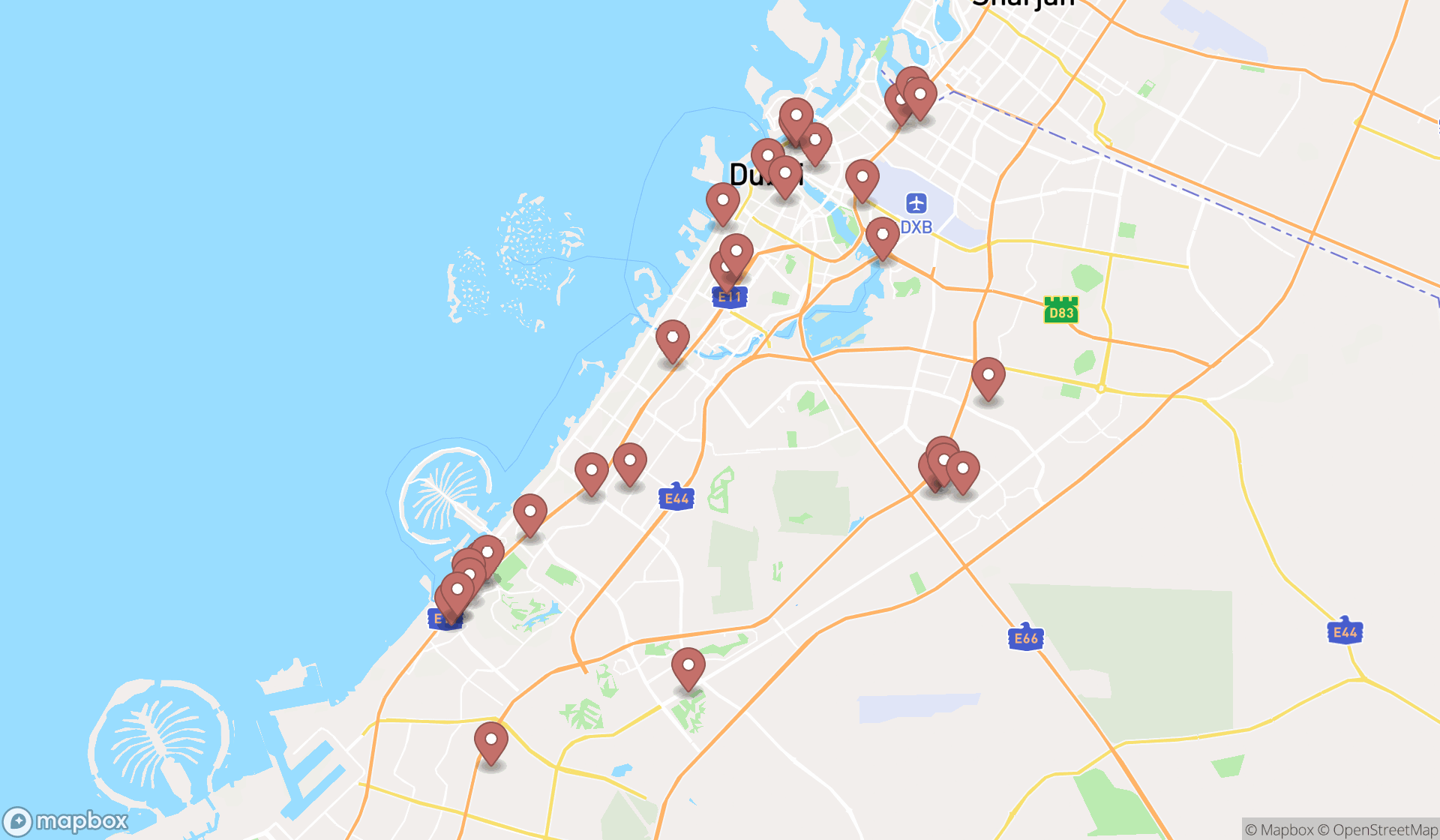 Map showing the search results in Dubai