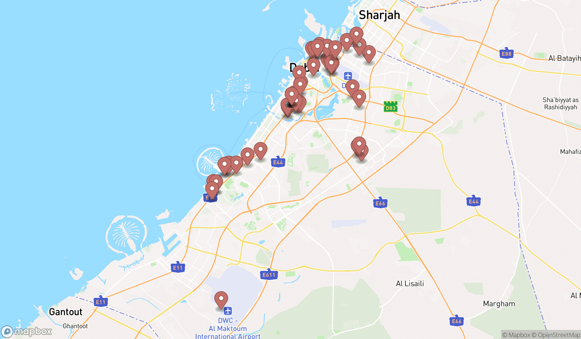 Map showing the search results in Dubai
