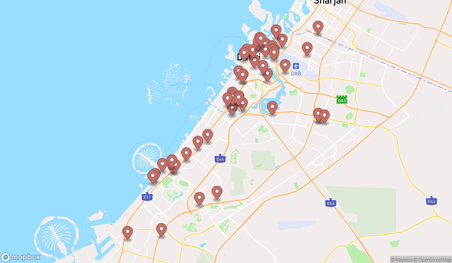 Map showing the search results in Dubai