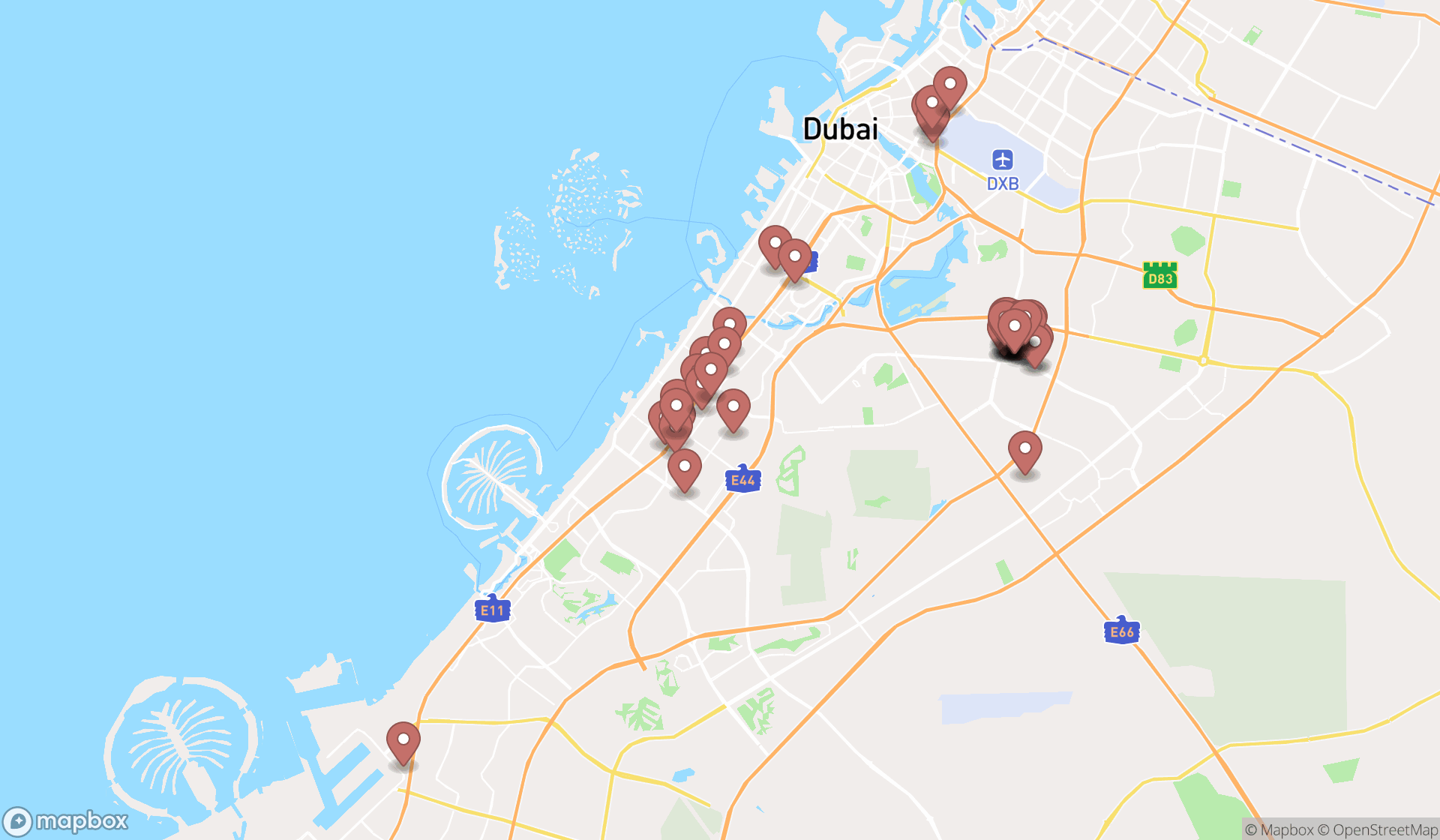 Map showing the search results in Dubai