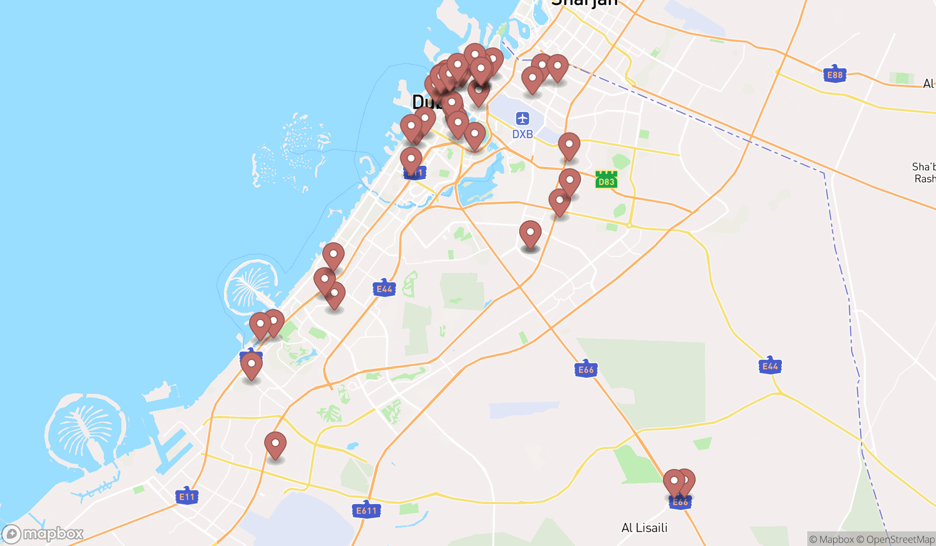 Map showing the search results in Dubai