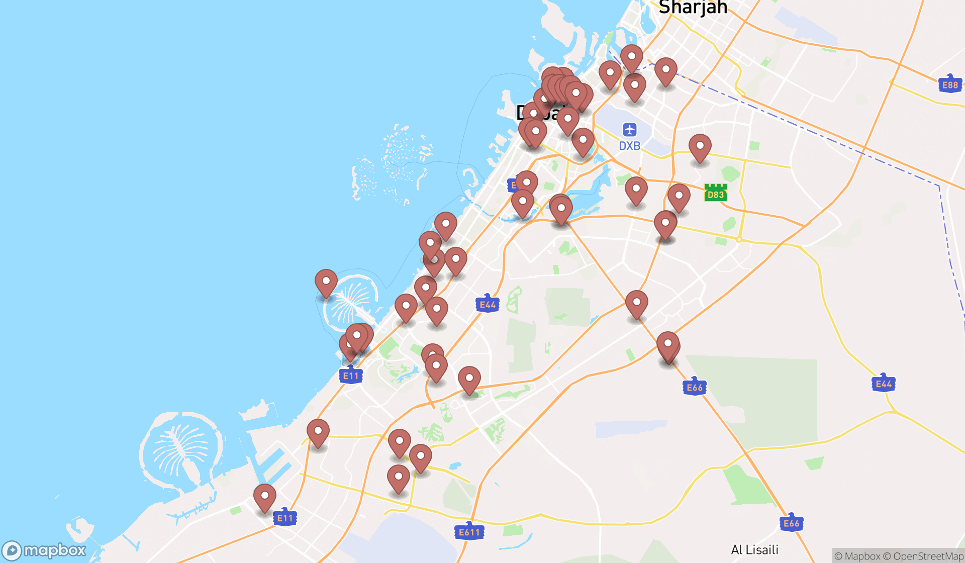 Map showing the search results in Dubai