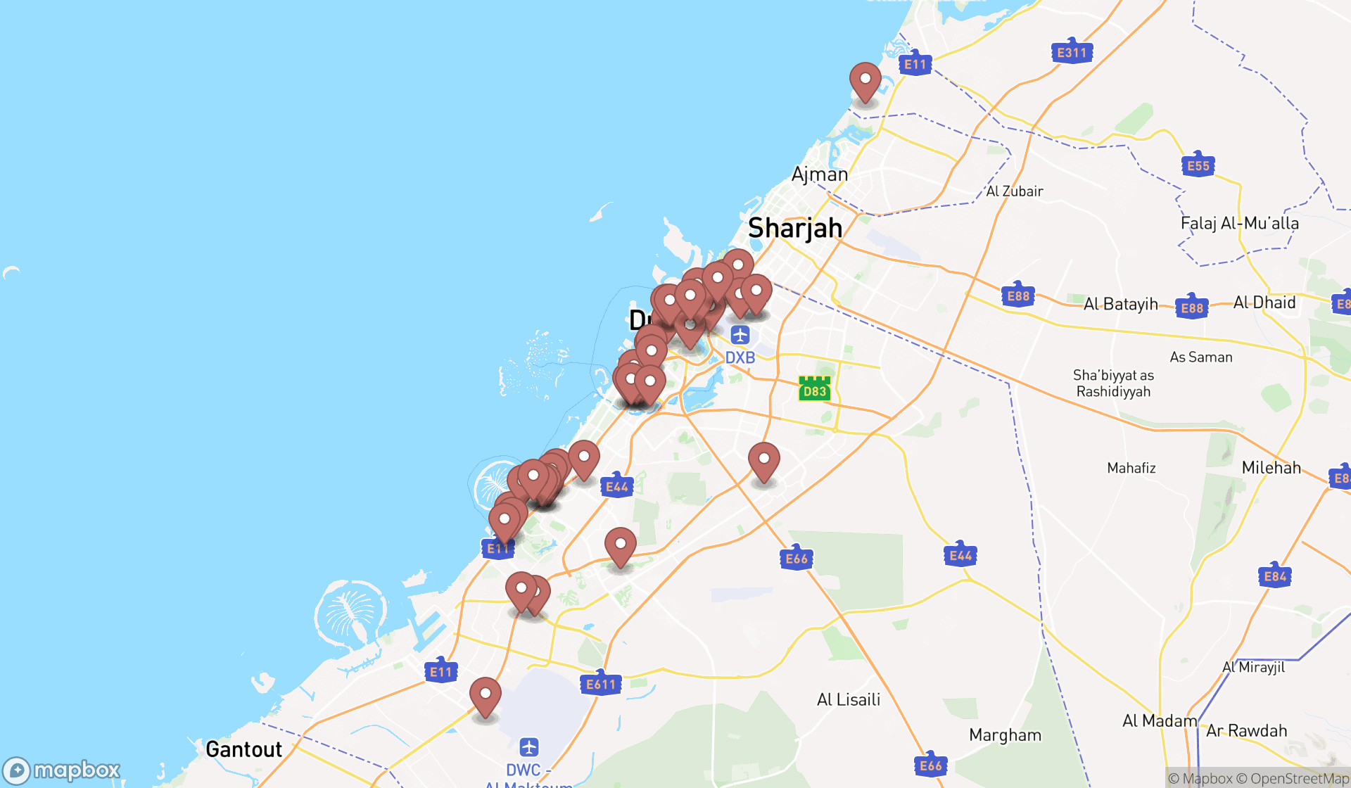 Map showing the search results in Dubai