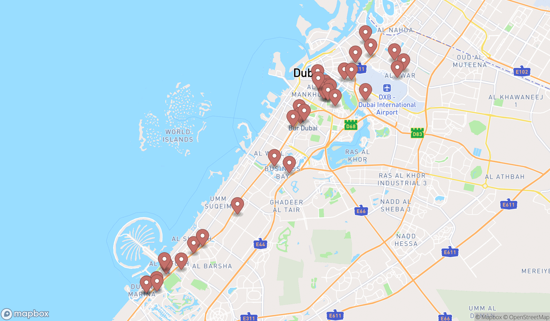 Map showing the search results in Dubai