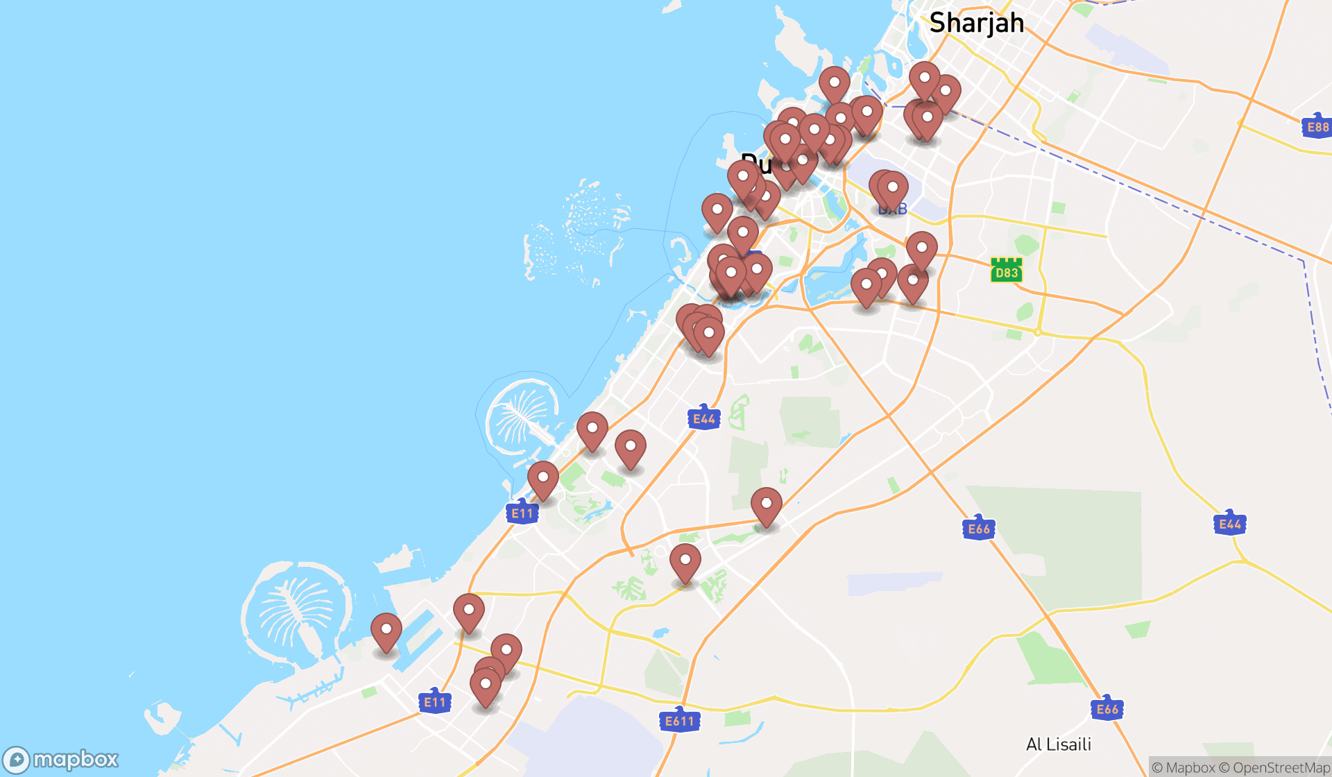 Map showing the search results in Dubai