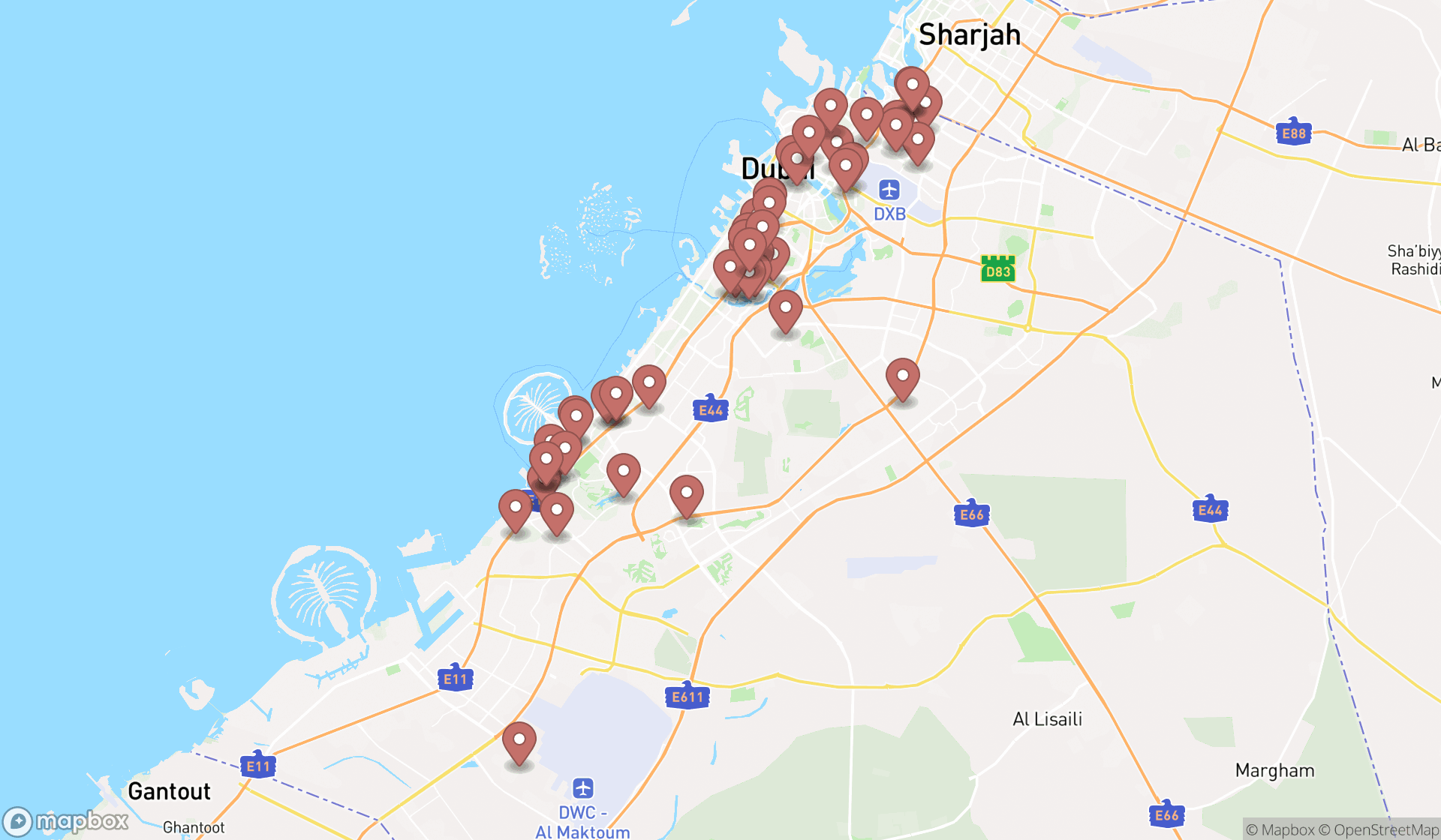 Map showing the search results in Dubai