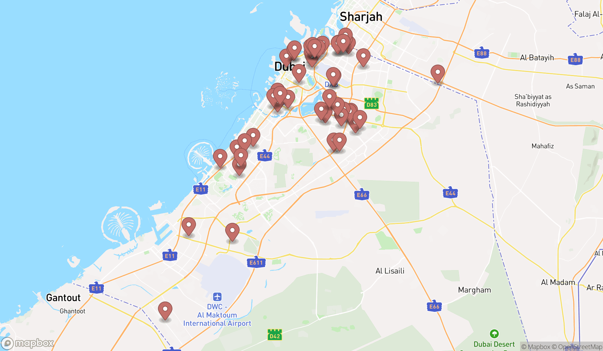 Map showing the search results in Dubai