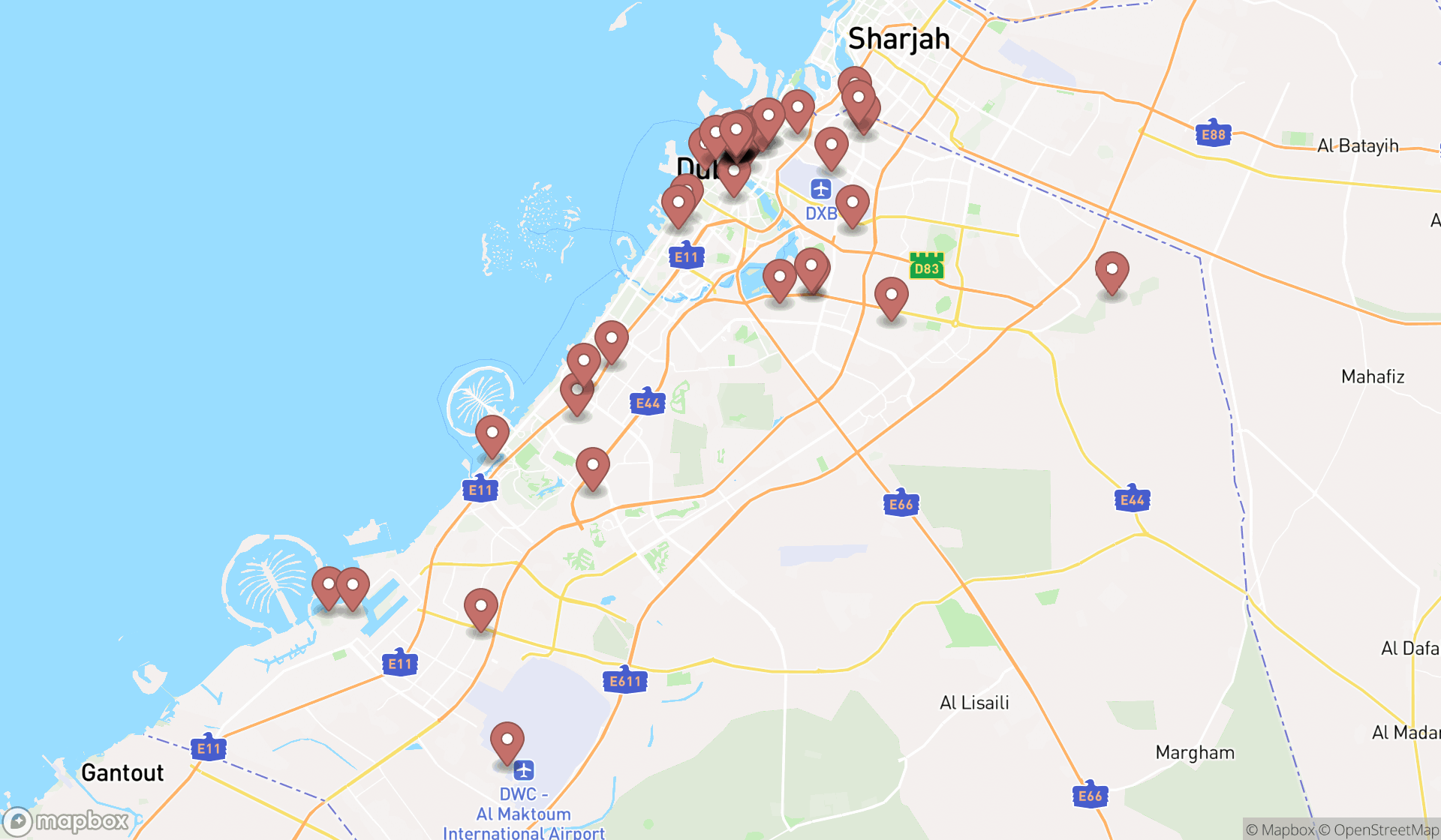 Map showing the search results in Dubai