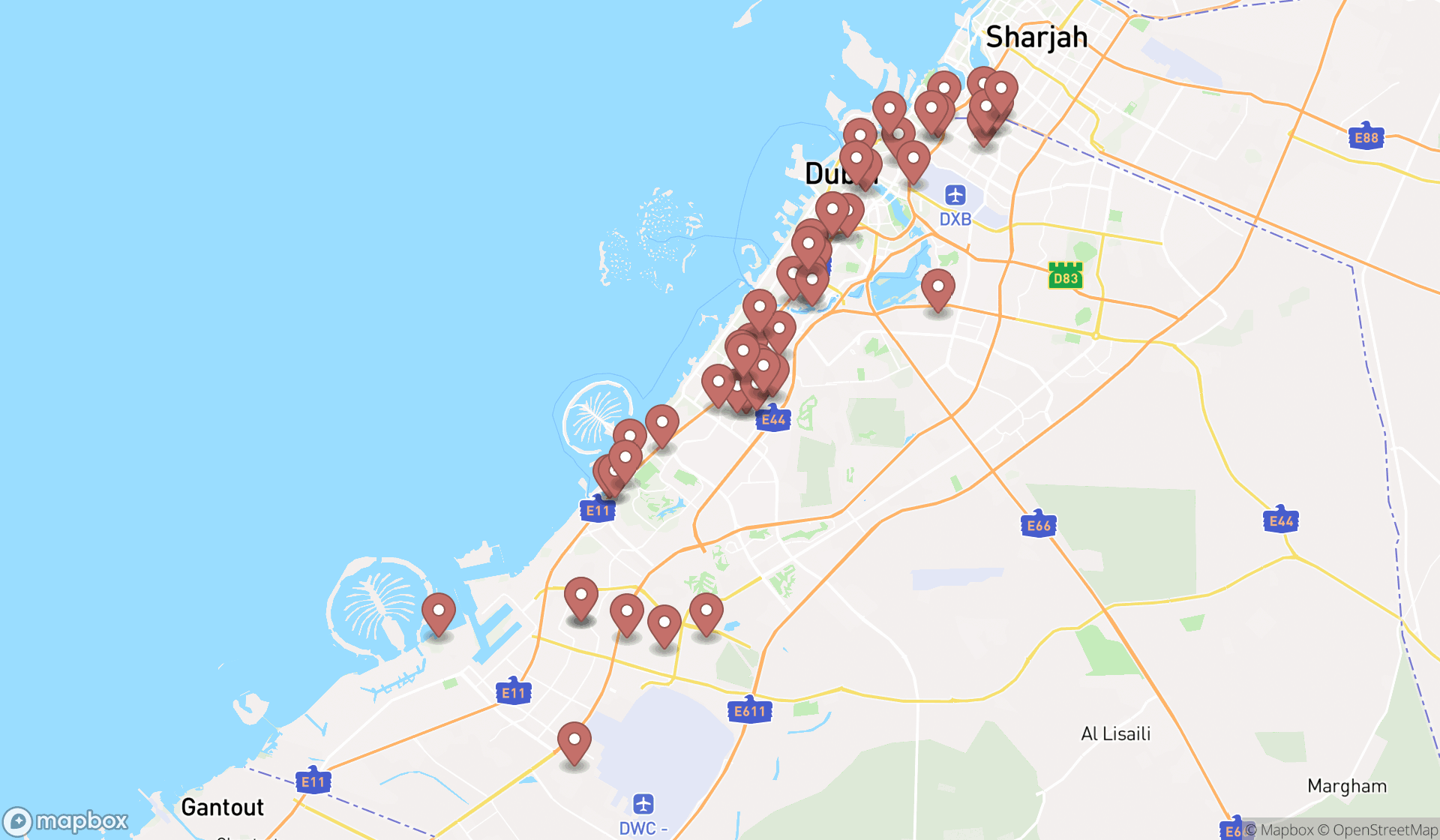Map showing the search results in Dubai