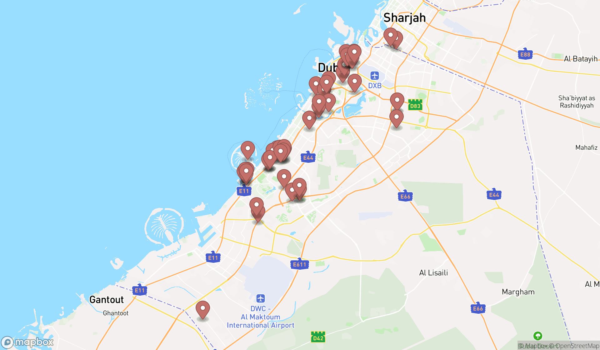 Map showing the search results in Dubai