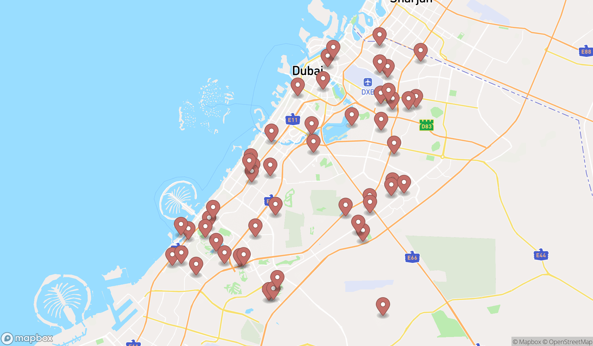 Map showing the search results in Dubai
