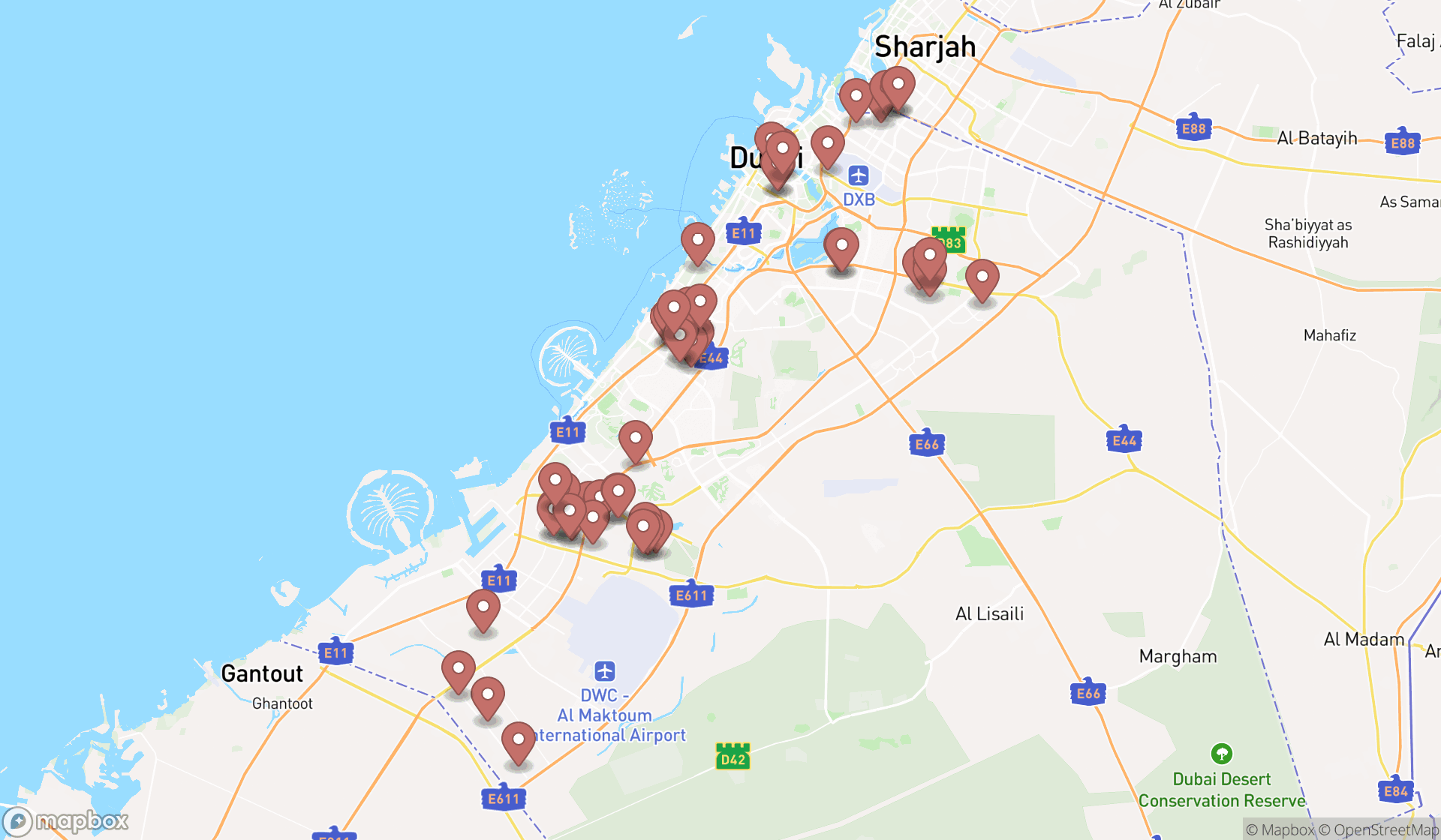 Map showing the search results in Dubai