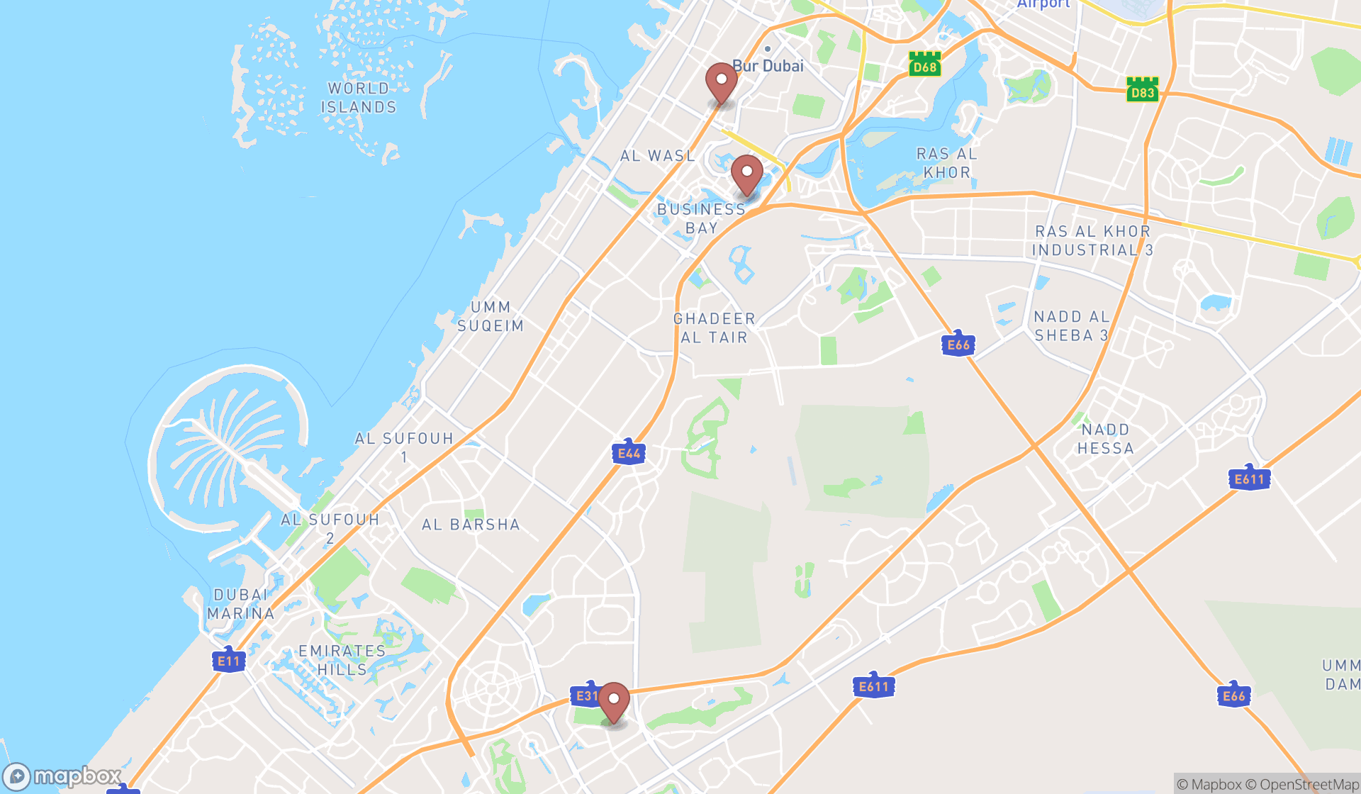 Map showing the search results in Dubai