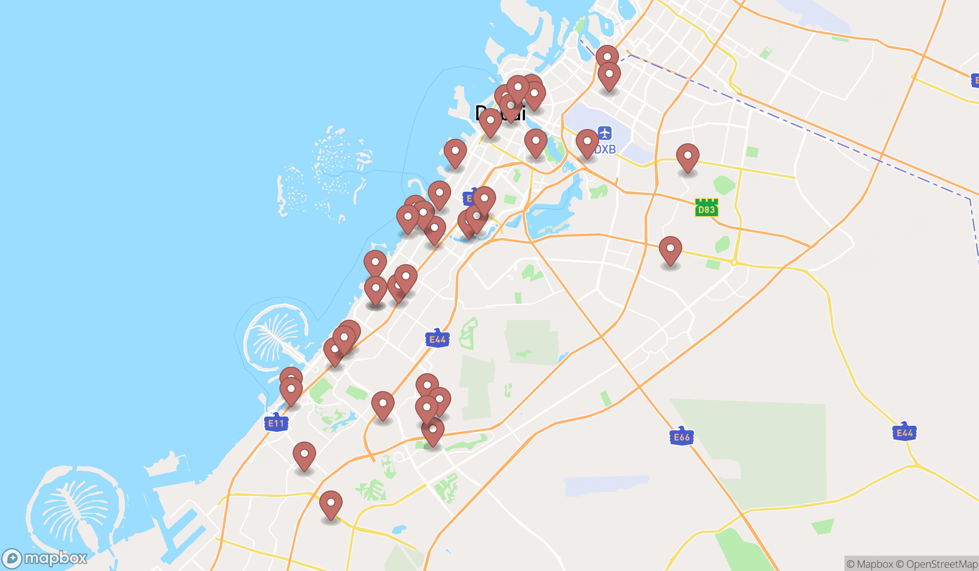 Map showing the search results in Dubai