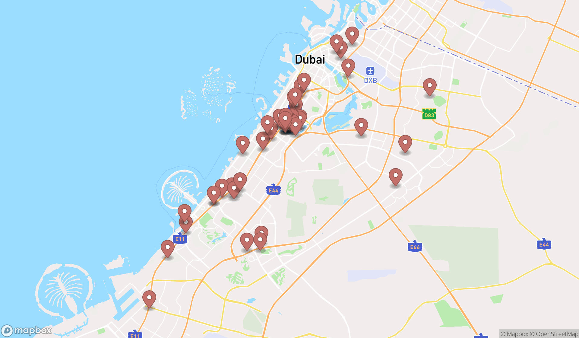 Map showing the search results in Dubai