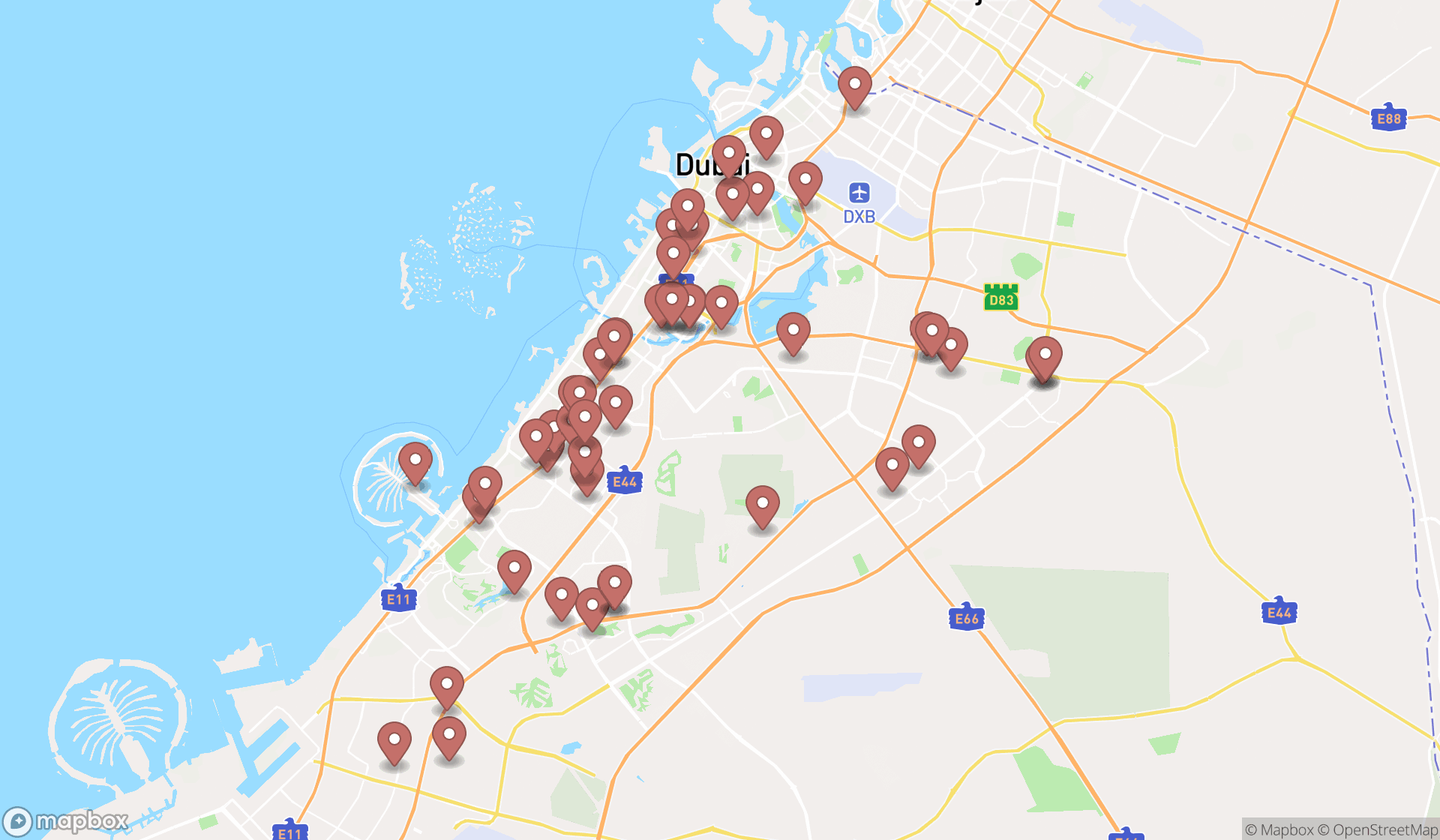 Map showing the search results in Dubai