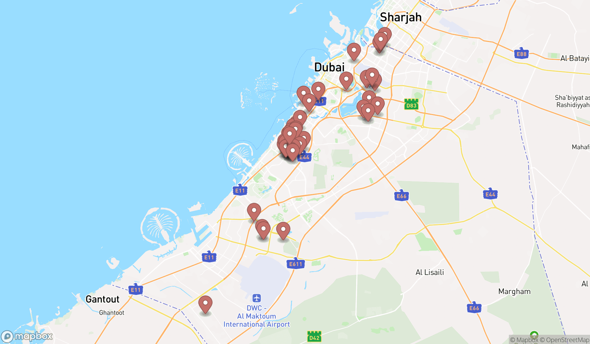 Map showing the search results in Dubai