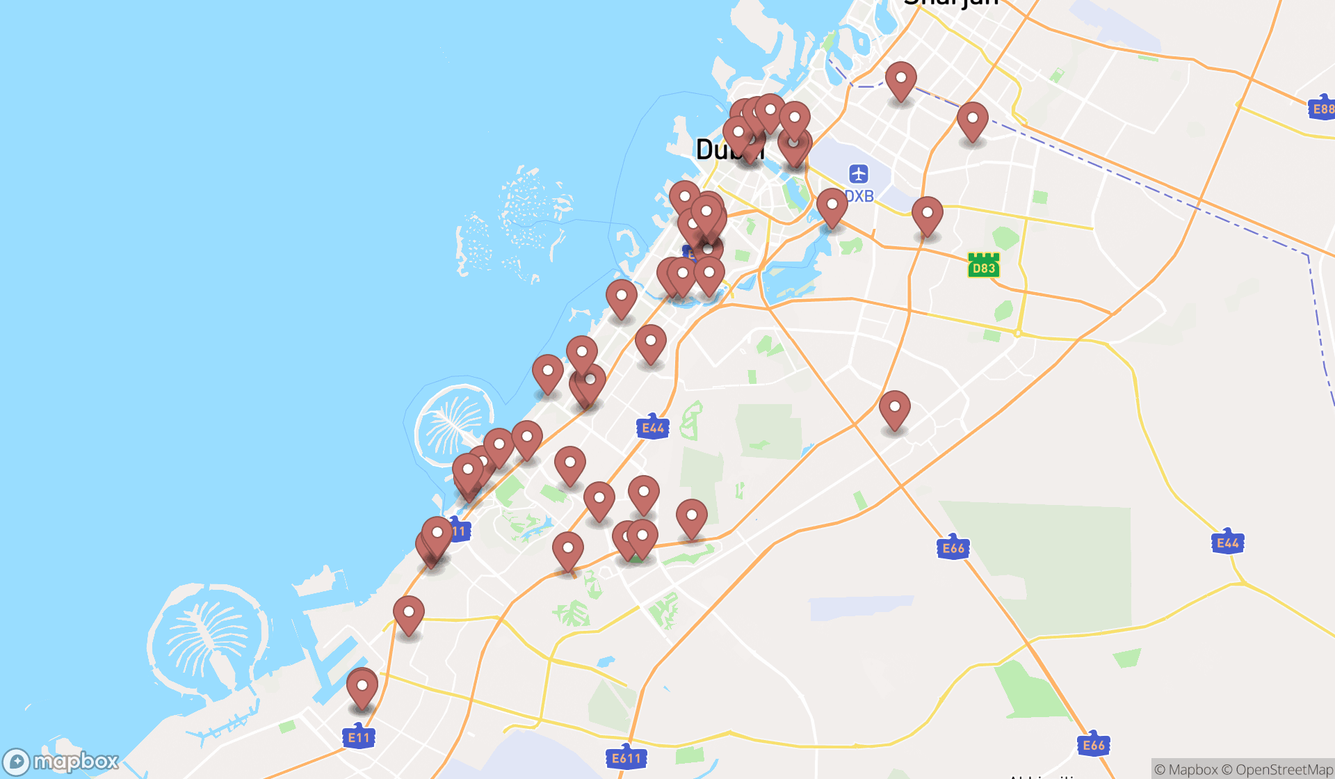 Map showing the search results in Dubai