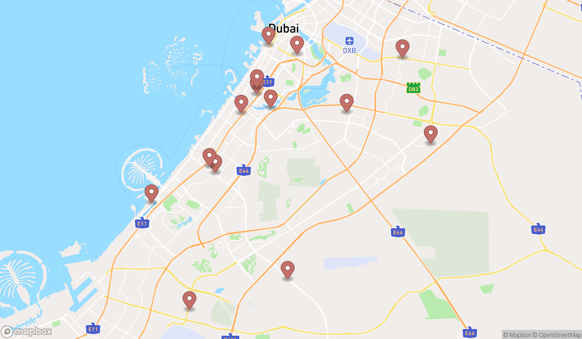 Map showing the search results in Dubai