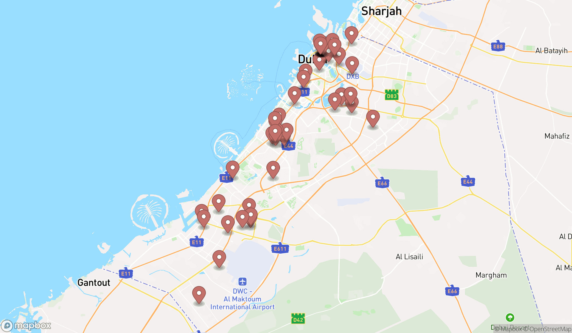 Map showing the search results in Dubai
