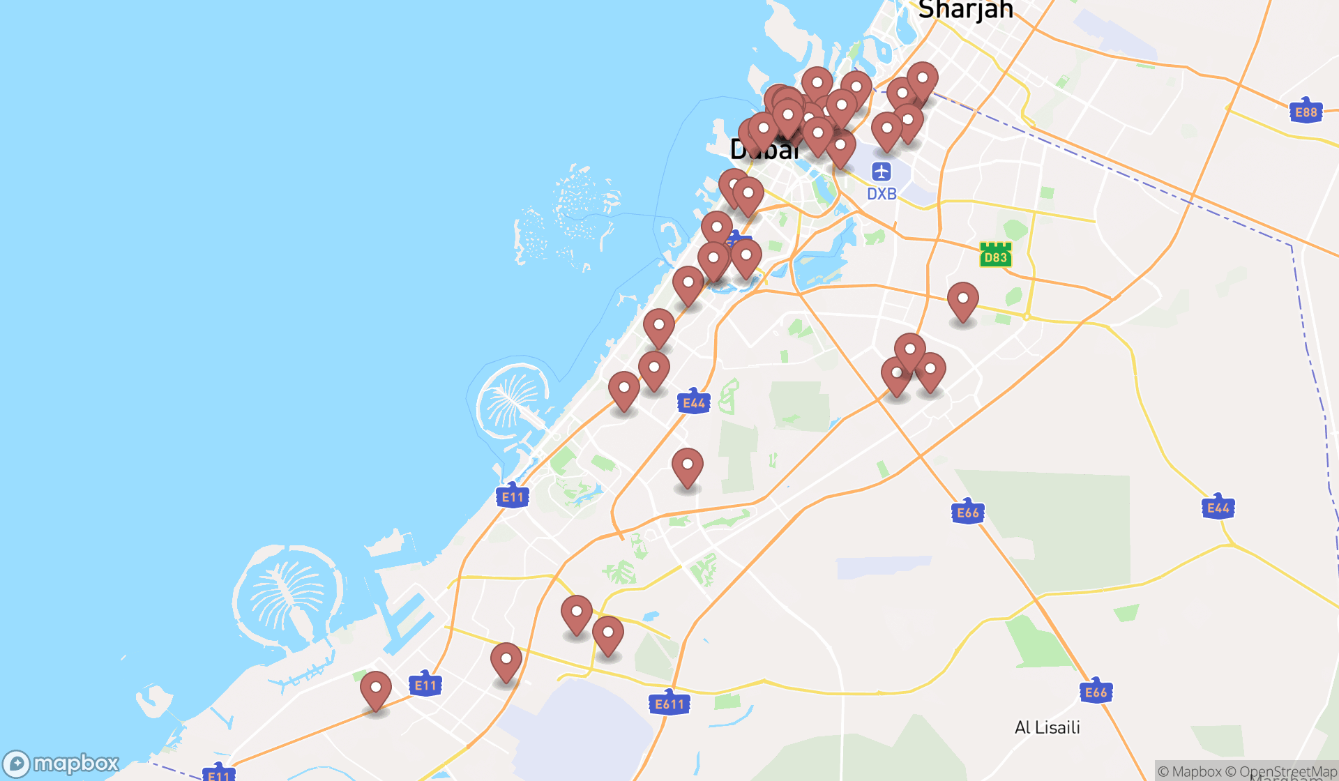 Map showing the search results in Dubai
