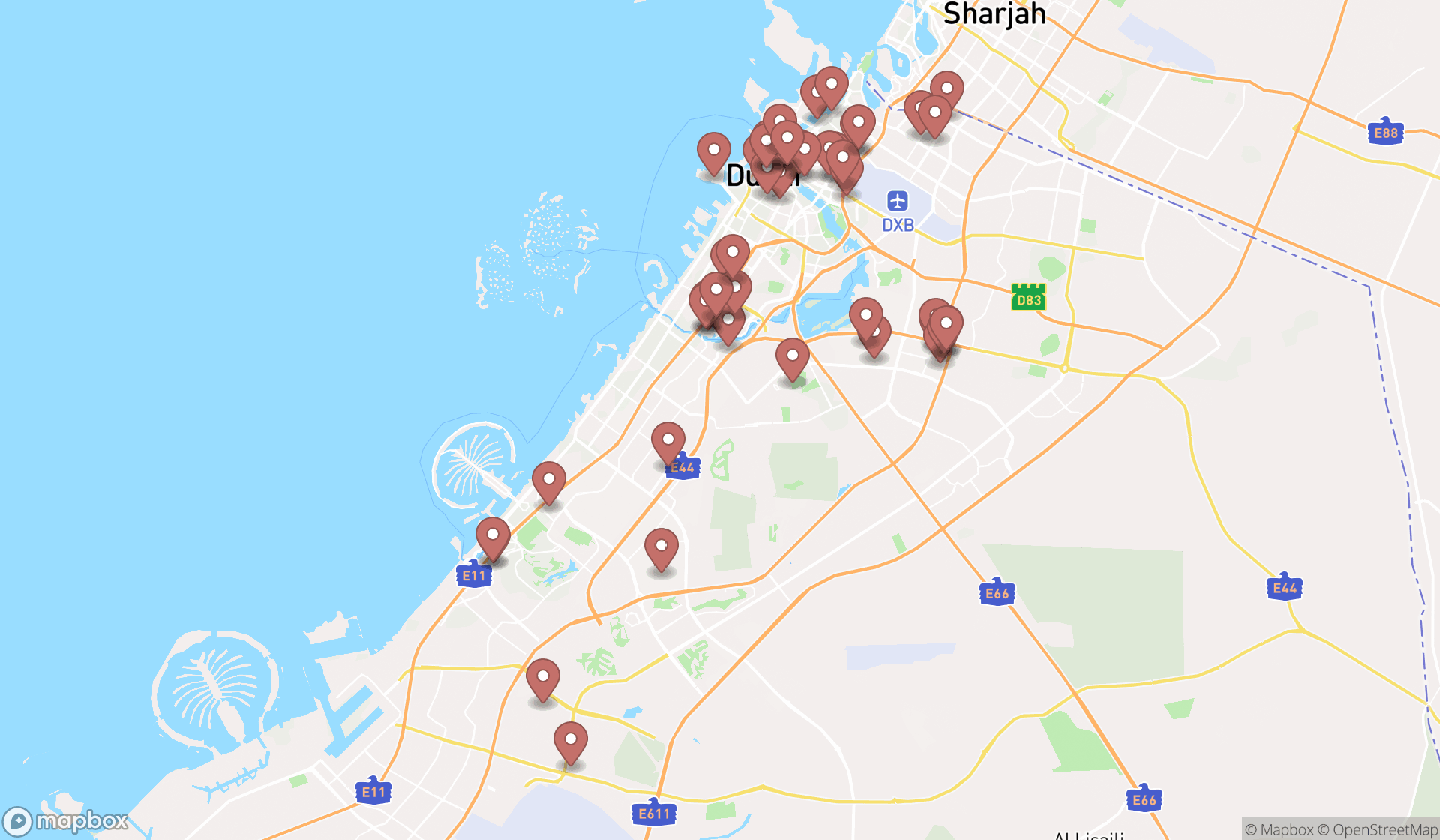 Map showing the search results in Dubai