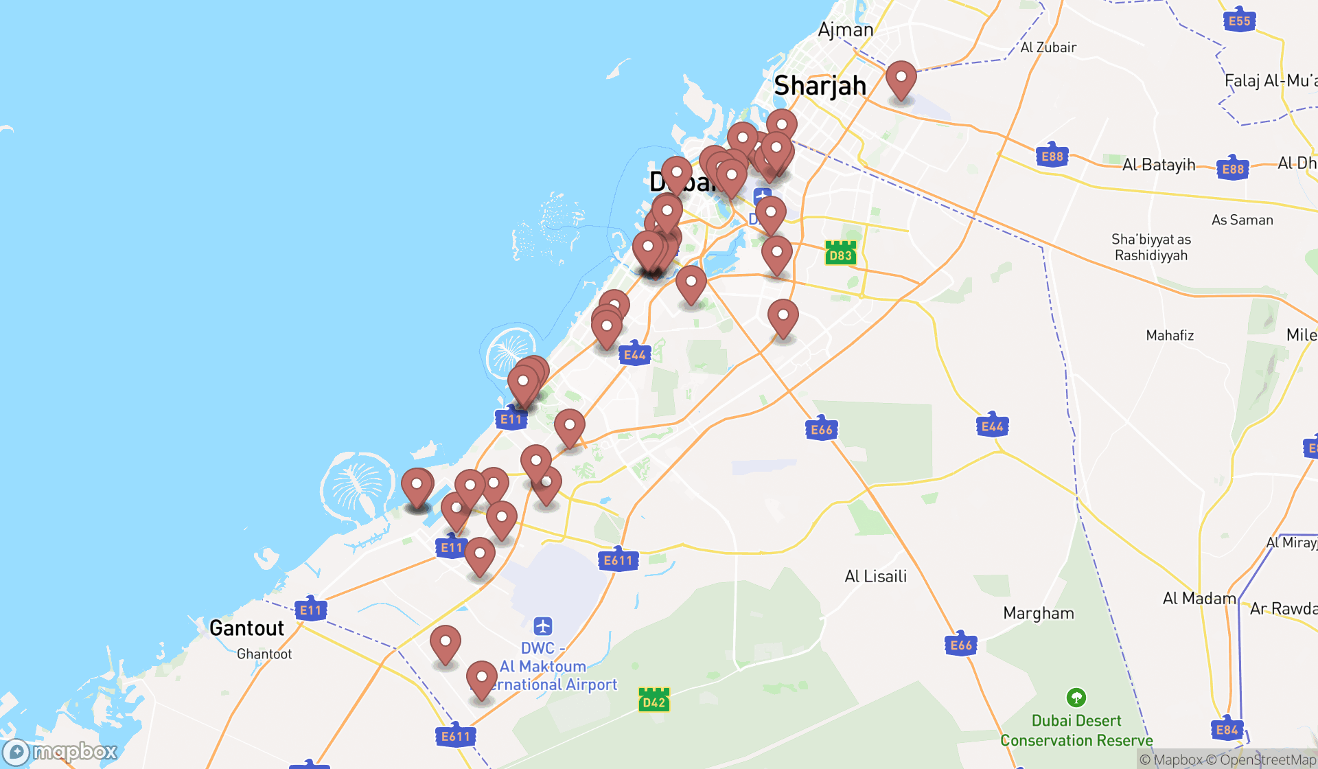 Map showing the search results in Dubai