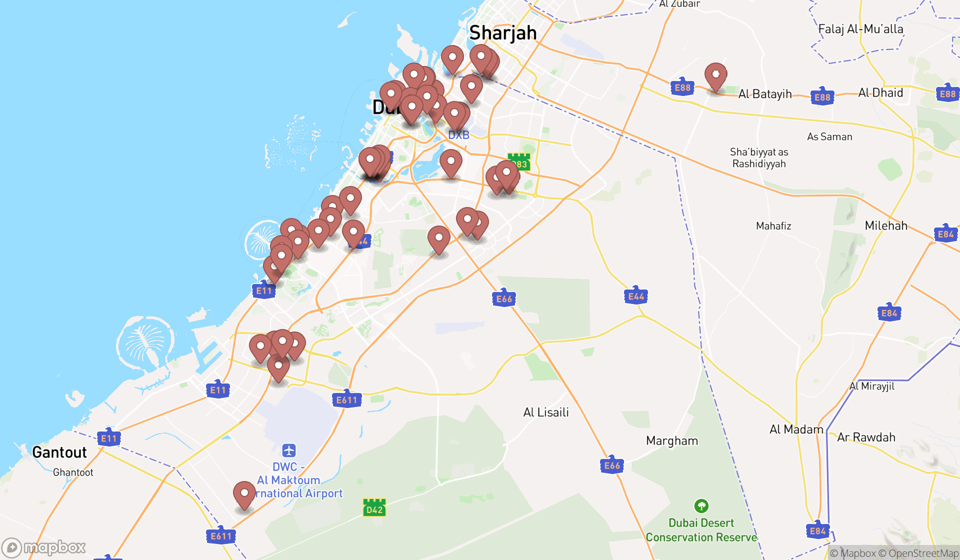 Map showing the search results in Dubai