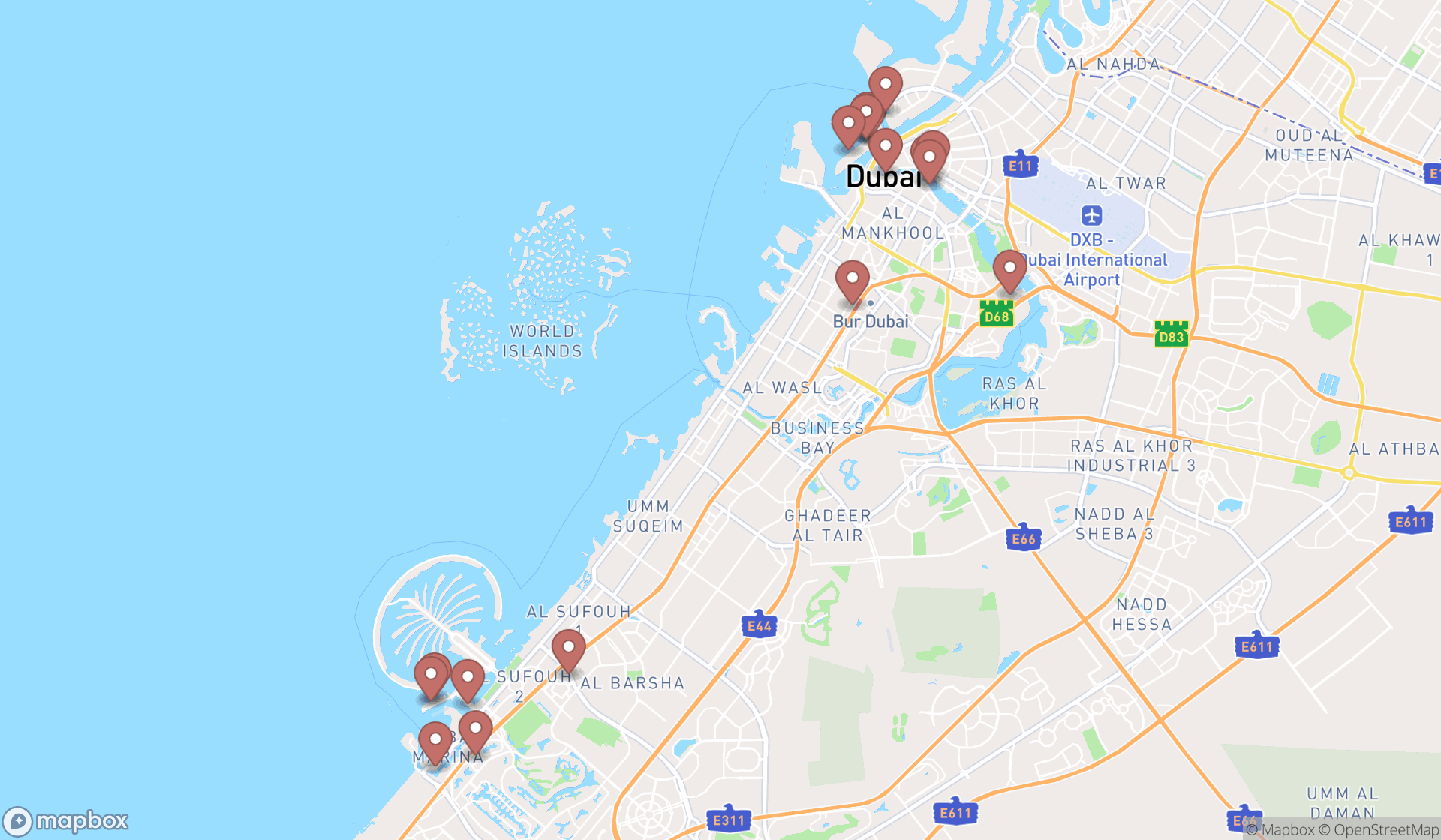 Map showing the search results in Dubai