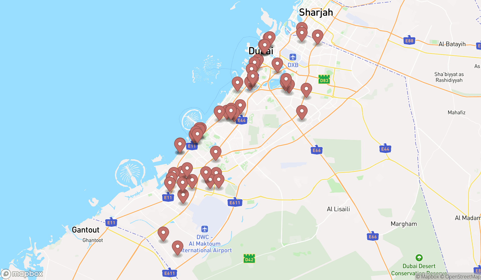 Map showing the search results in Dubai
