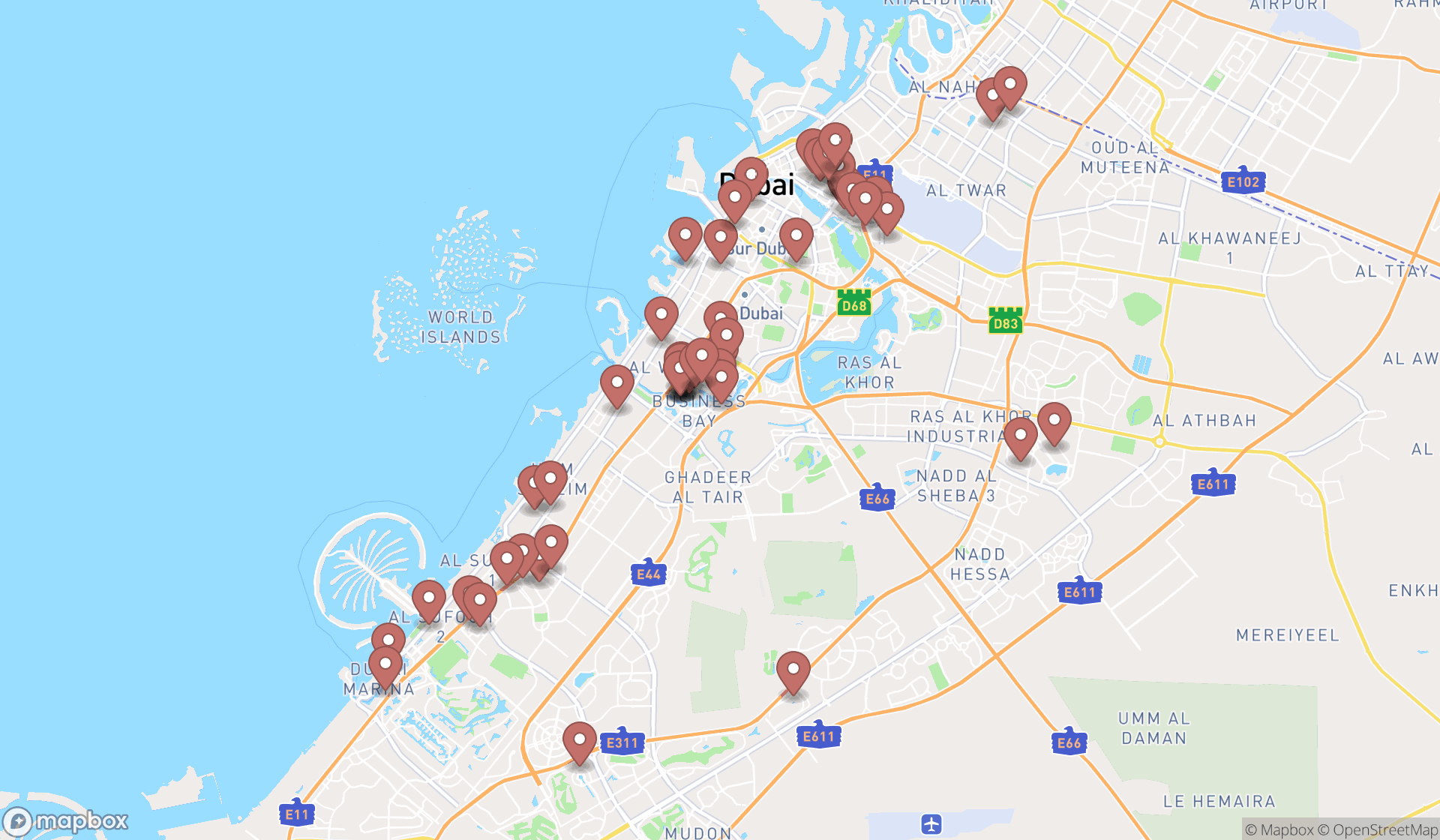 Map showing the search results in Dubai
