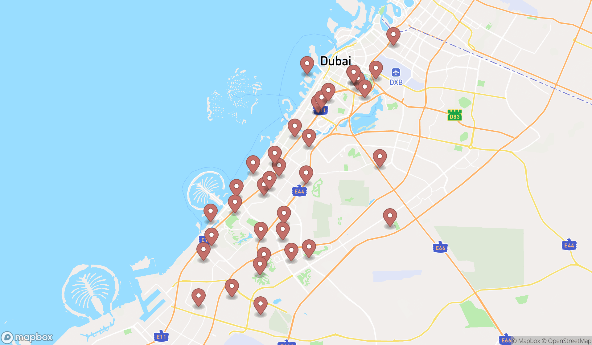Map showing the search results in Dubai