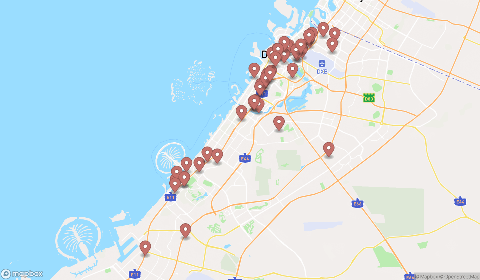 Map showing the search results in Dubai