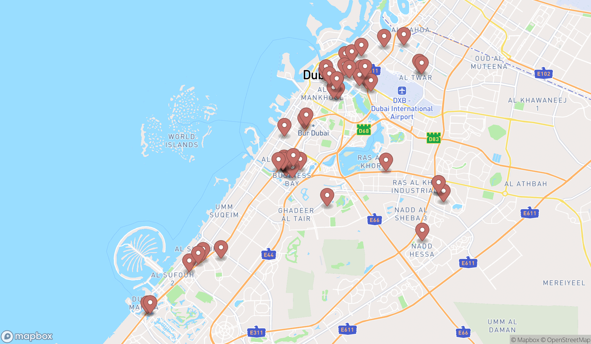 Map showing the search results in Dubai