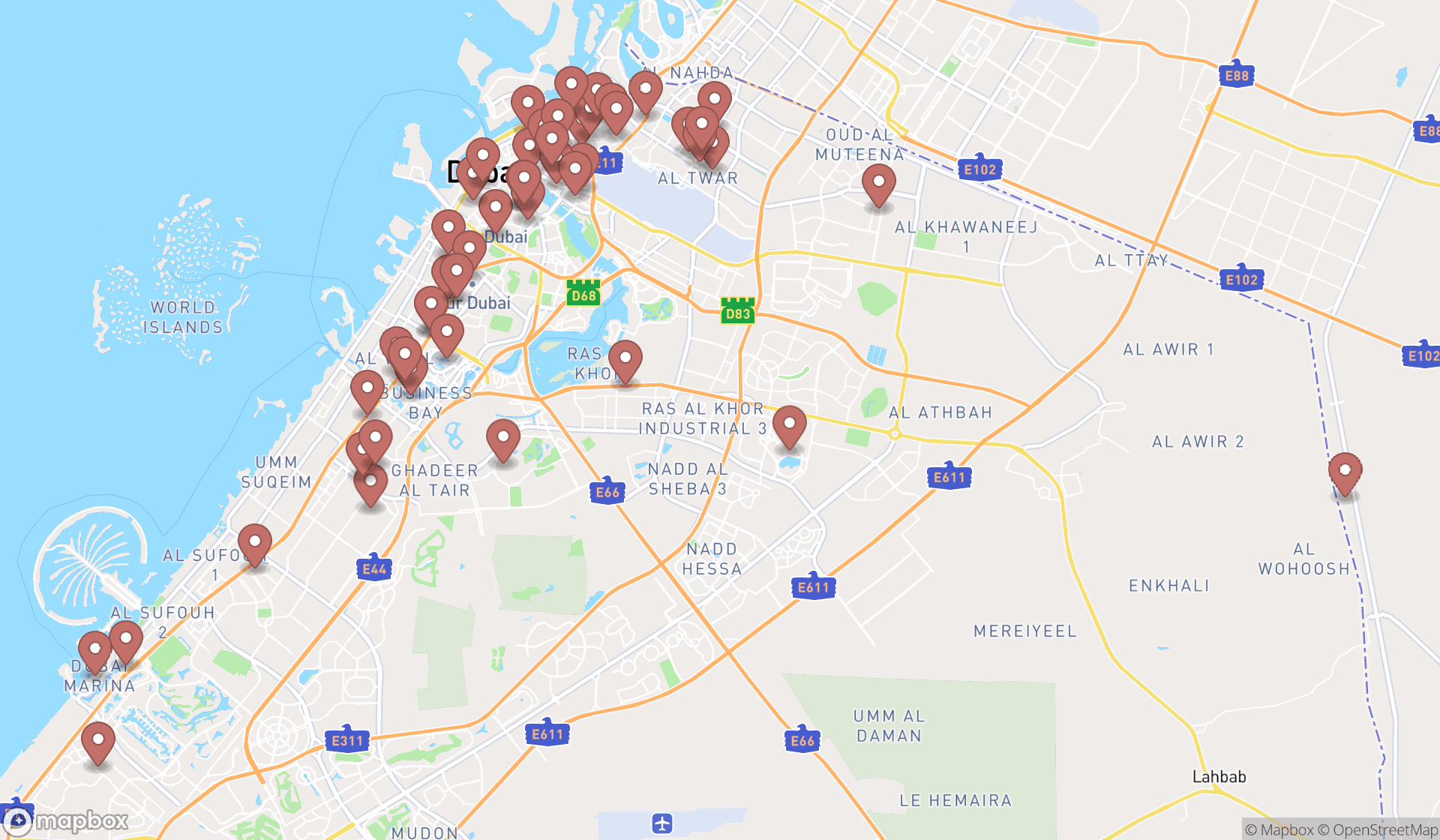 Map showing the search results in Dubai