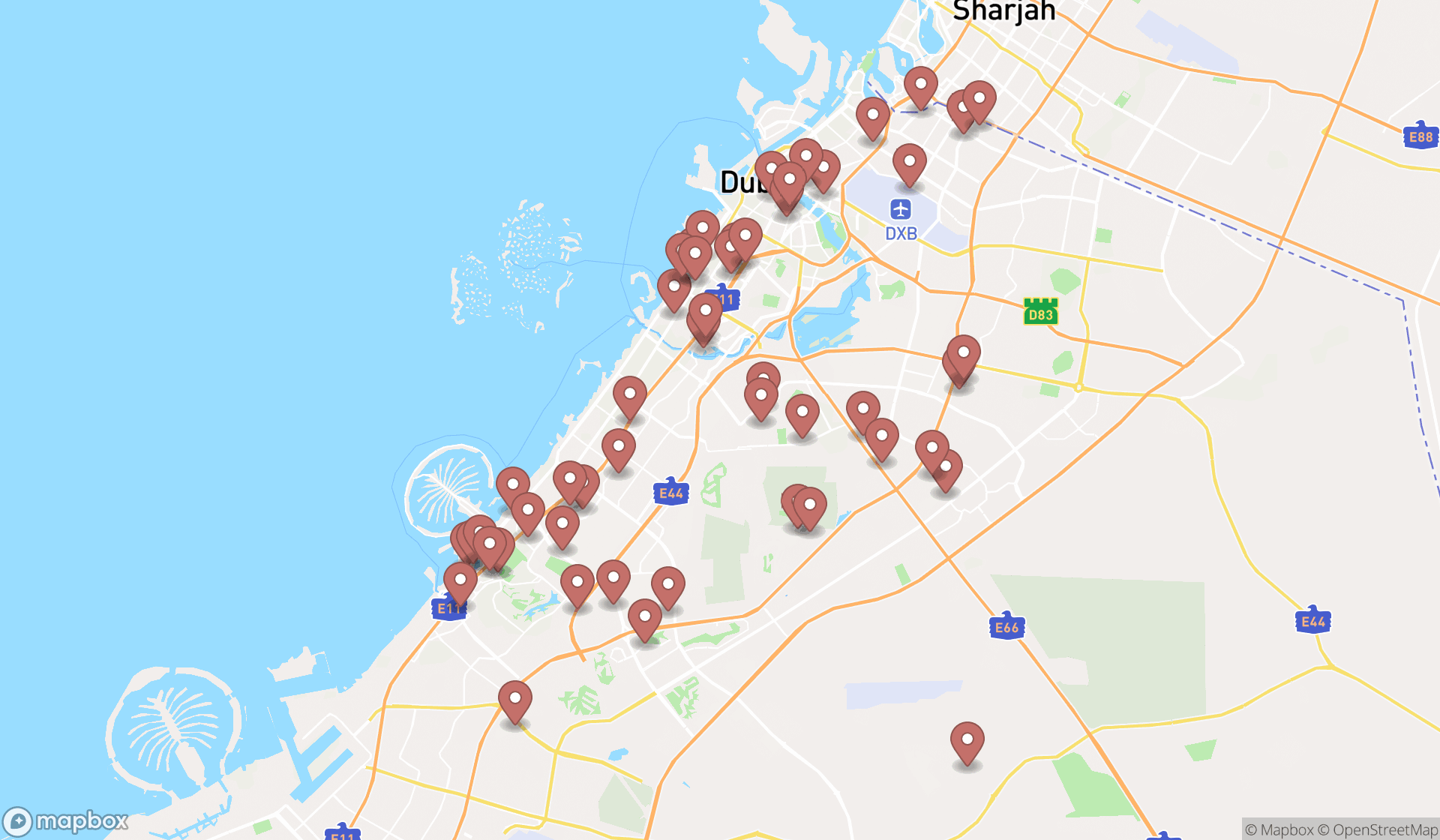 Map showing the search results in Dubai